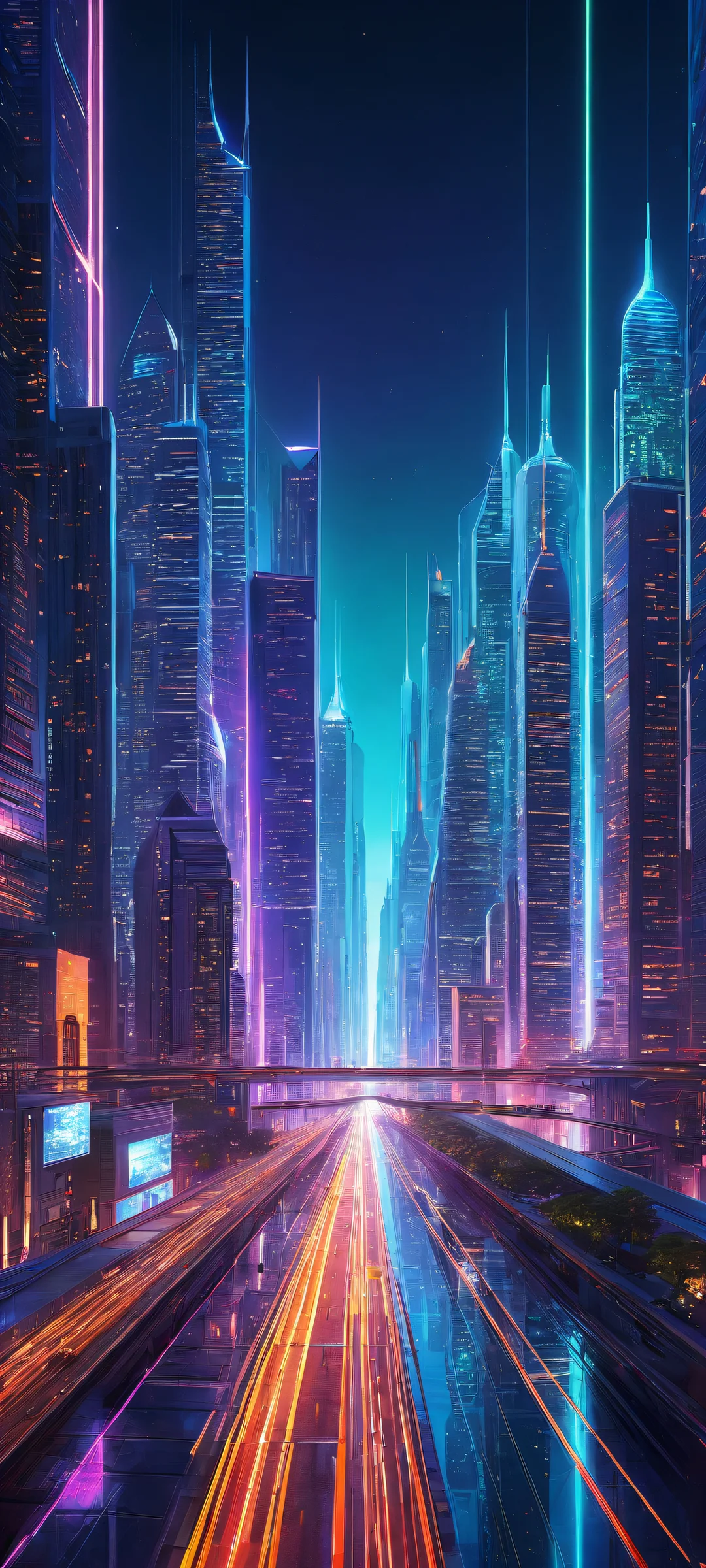 A breathtaking cityscape on iPhone/Android with glowing neon lines and circuits, perfect for home screens.
