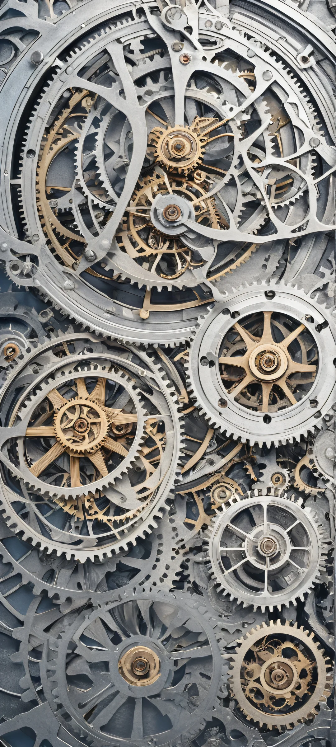 Clockwork Elegance 2K Phone Wallpaper iPhone and Android compatible mobile wallpaper featuring an intricate clockwork mechanism in a perfectly clean and empty top half, with gears and cogs in the lower middle, ethereal lighting, and exquisite digital art.