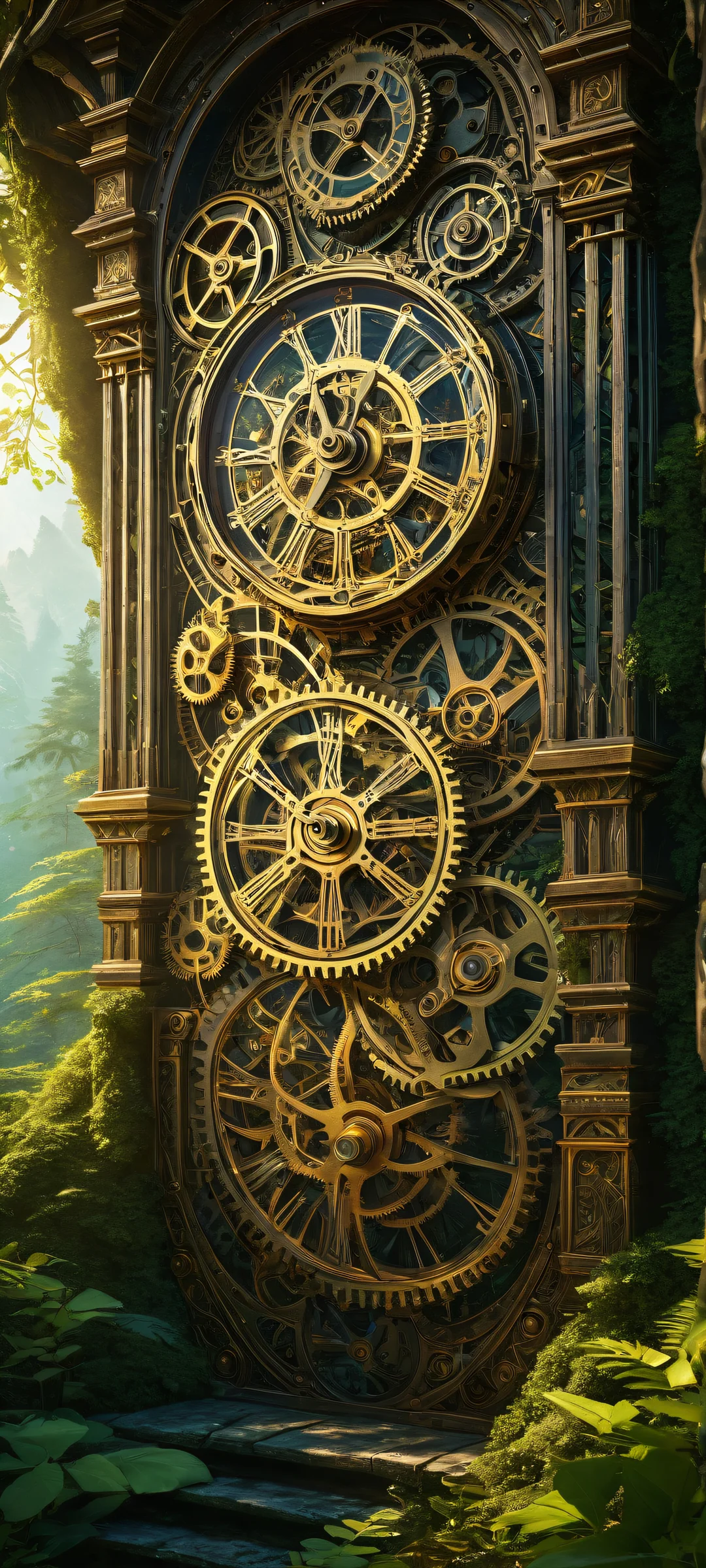 Clockwork Enchantress 2K QHD Home Screen A mysterious clockwork mechanism surrounded by a dark mystical forest on an iPhone/Android home screen