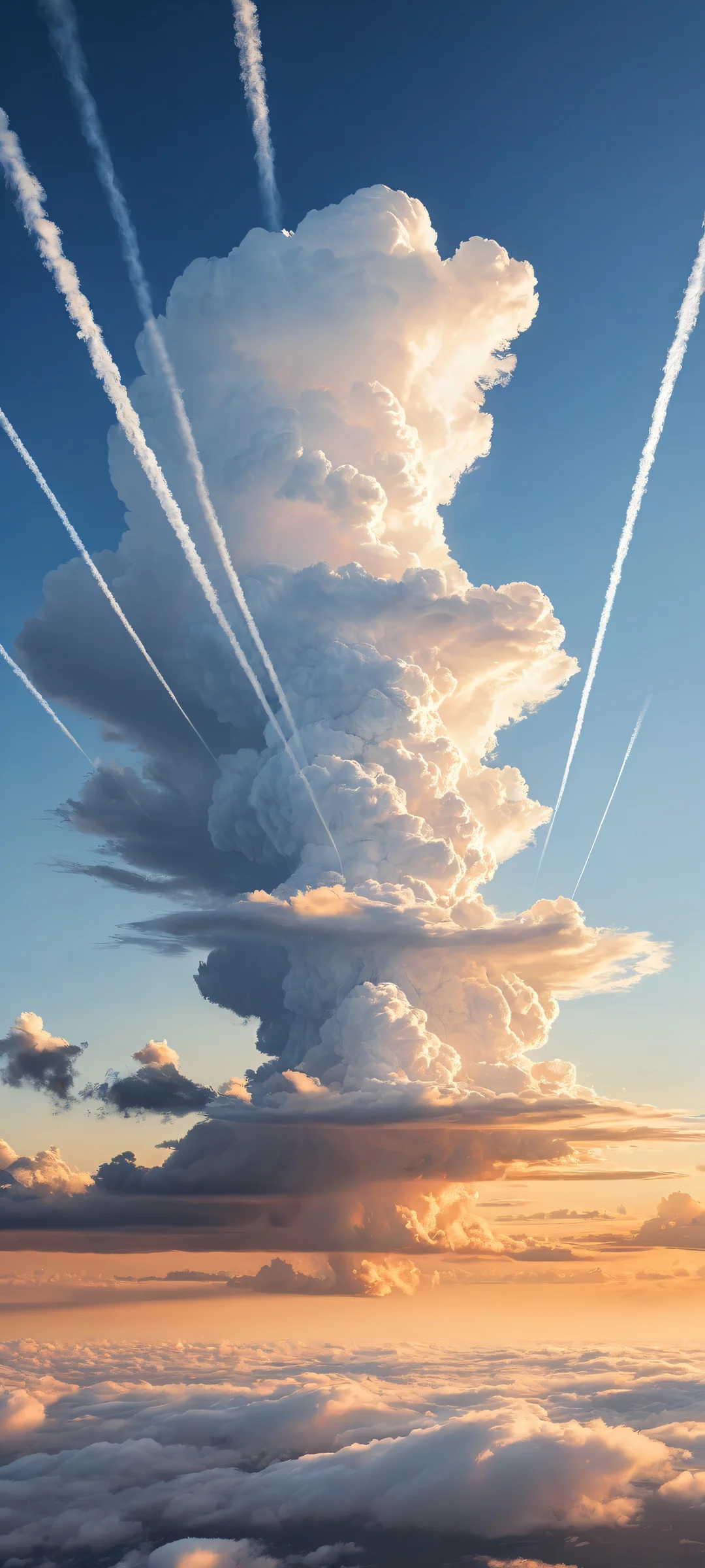 Cloudscapes at Sunset 2K QHD Home Screenperfekt für iPhone/Android-Startbildschirme Beautiful Cloudscape artwork on a dark mode background featuring wispy contrails and atmospheric particles, perfect for iPhone/Android home screens.