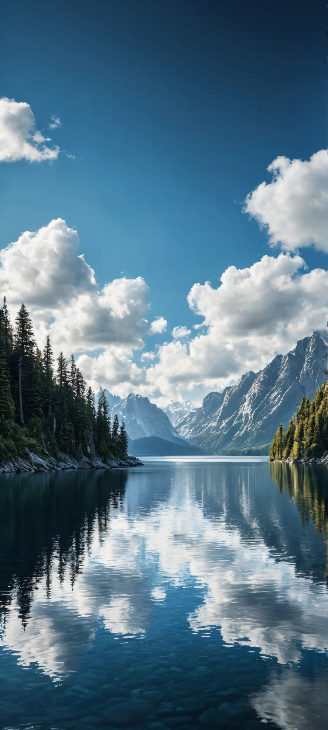 Elegant iPhone and Android compatible digital art of serene cloudscapes with a peaceful lake waters and town silhouette reflection, perfectly optimized for mobile home screens.