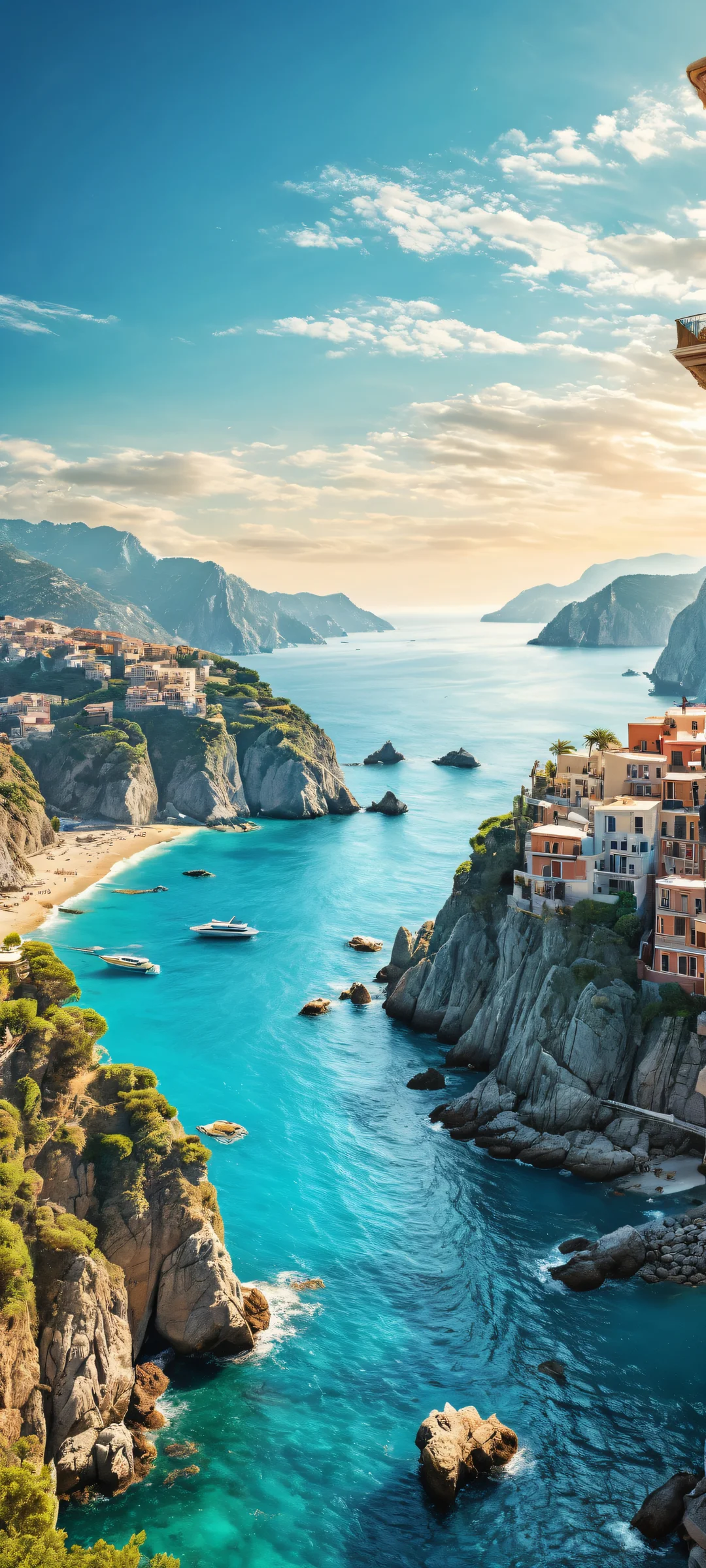 Majestic coastal cityscape for iPhone/Android - stunning digital art with exquisite textures and reflections.