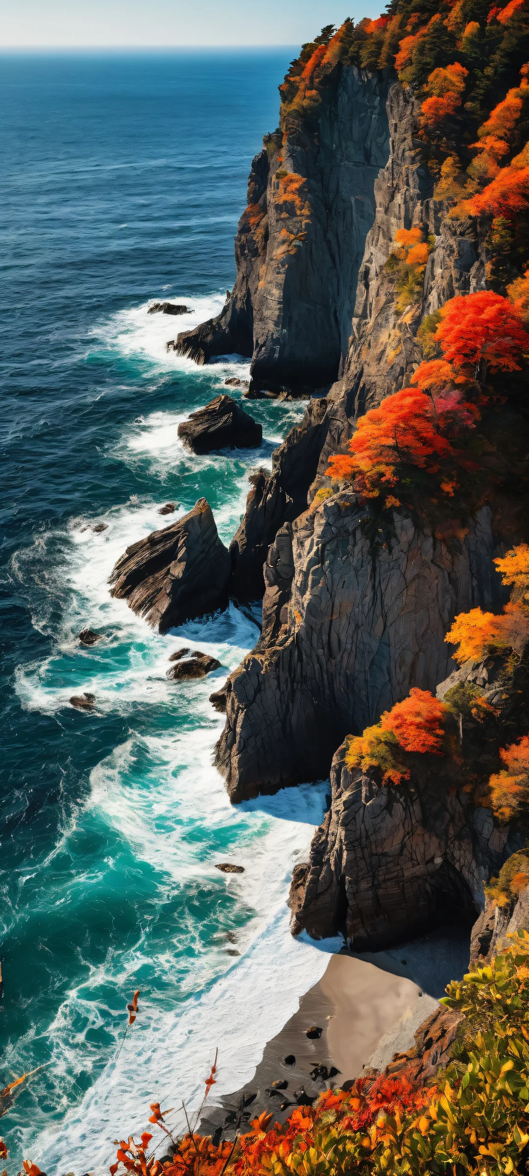 A dramatic coastline with dark ocean waves crashing against sharp rocky cliffs, Perfectamente optimizado para pantallas de inicio de iPhone y Android..