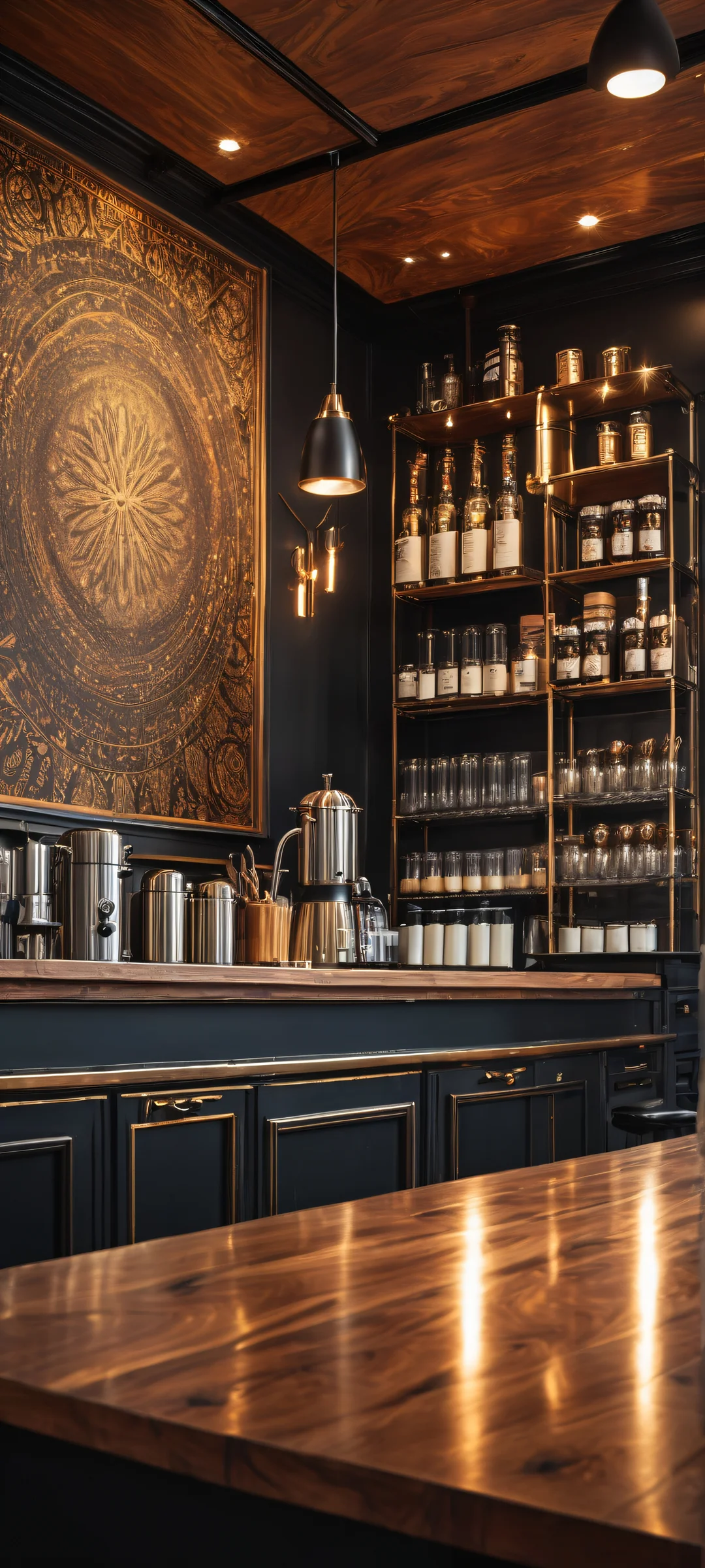 A stunning coffee bar on iPhone/Android, perfect for home screens with dark mode aesthetic and breathtaking scale.