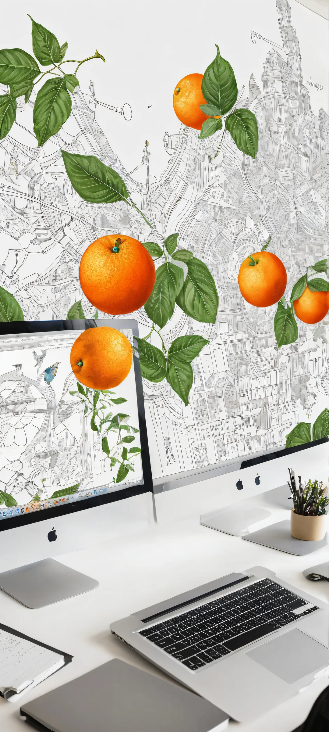 Collaborative Mindscape 2K QHD Mobile Wallpaper A stunning digital artwork featuring collaborative minds on laptop screens, headphones, and notes, perfect for iPhone and Android home screens.