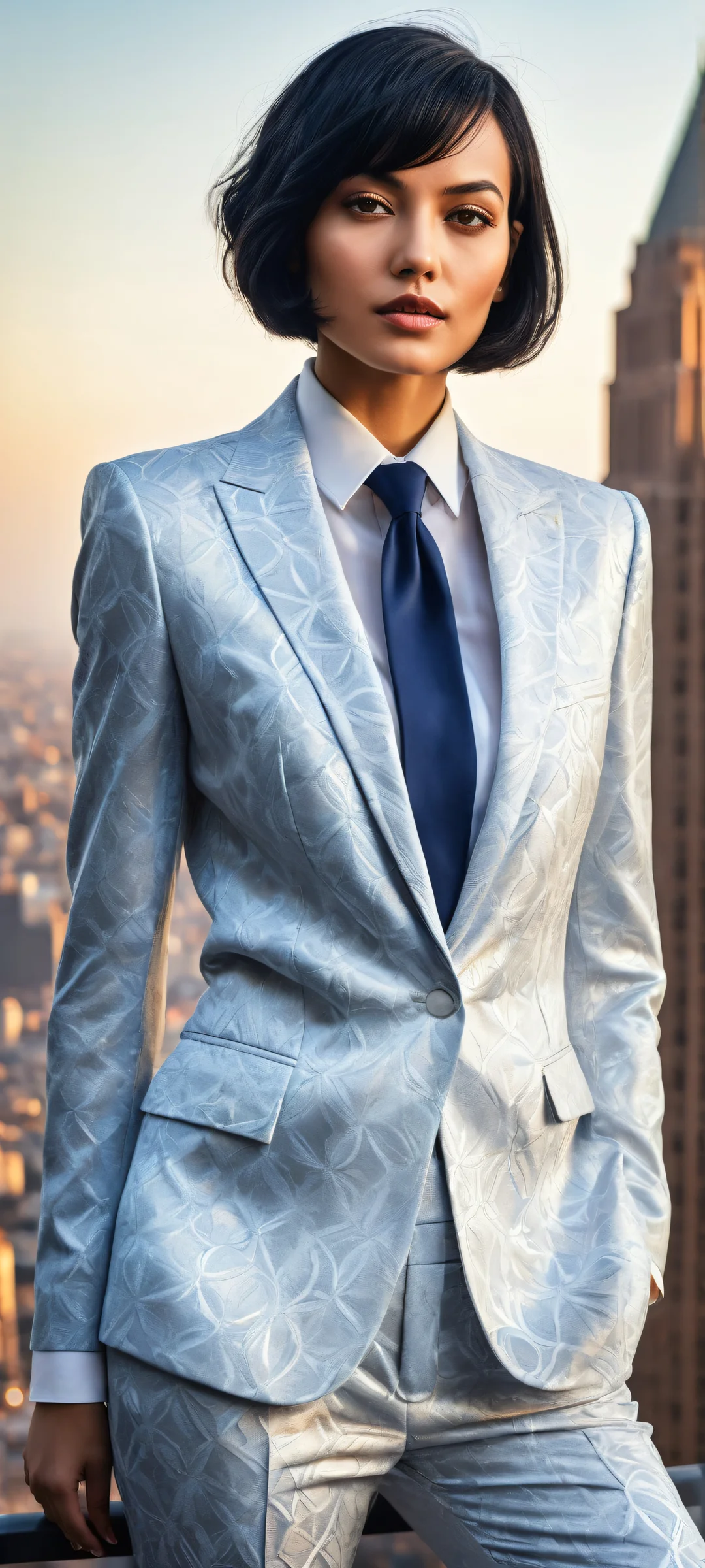 A professional woman with short bob cut and bold black hair, perfect for iPhone or Android phone background.