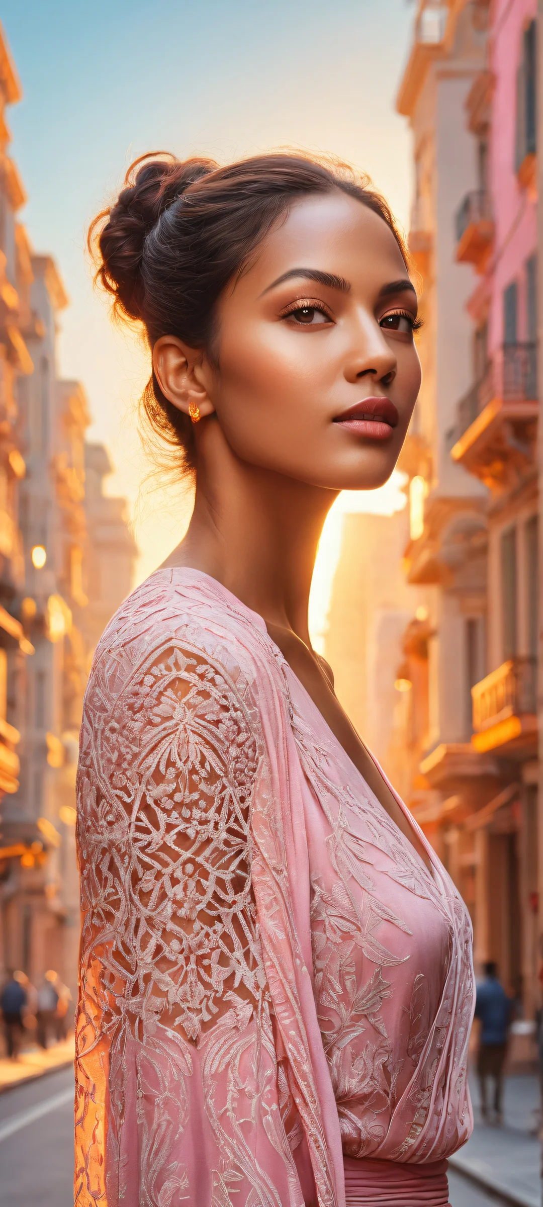A woman standing confidently on a street with vibrant cityscape in the background, perfekt optimiert für iPhone/Android-Startbildschirme.