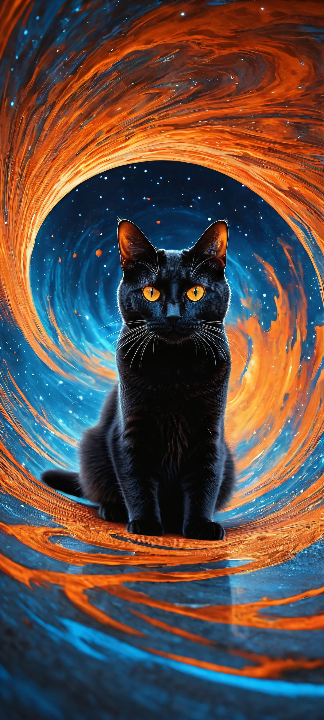 iPhone/Android vertical portrait artwork of a swirling black hole with cat ears, surrounded by empty space and a kitchen floor with an empty pet bowl.