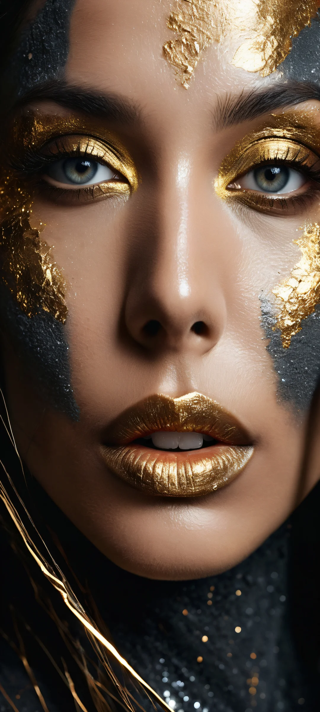 A woman with obsidian skin, glowing molten gold cracks, and distant galaxy eyes, perfectly optimized for iPhone/Android home screens.