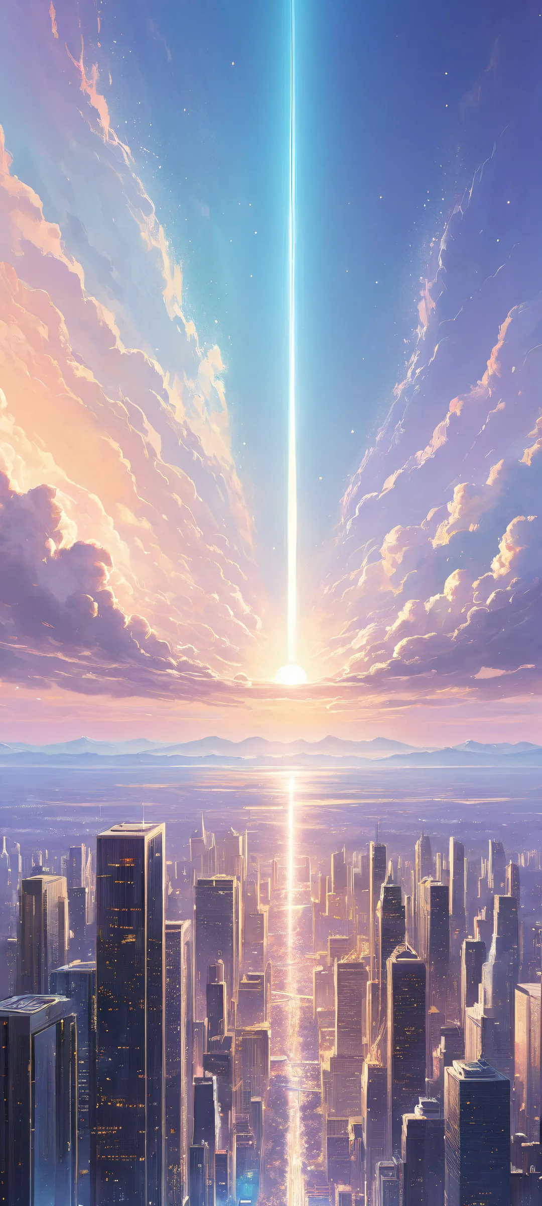 iPhone/Android wallpaper featuring a stunning cosmic bloom artwork with a cityscape background and a vast void at the top, perfekt für Home-Bildschirme.