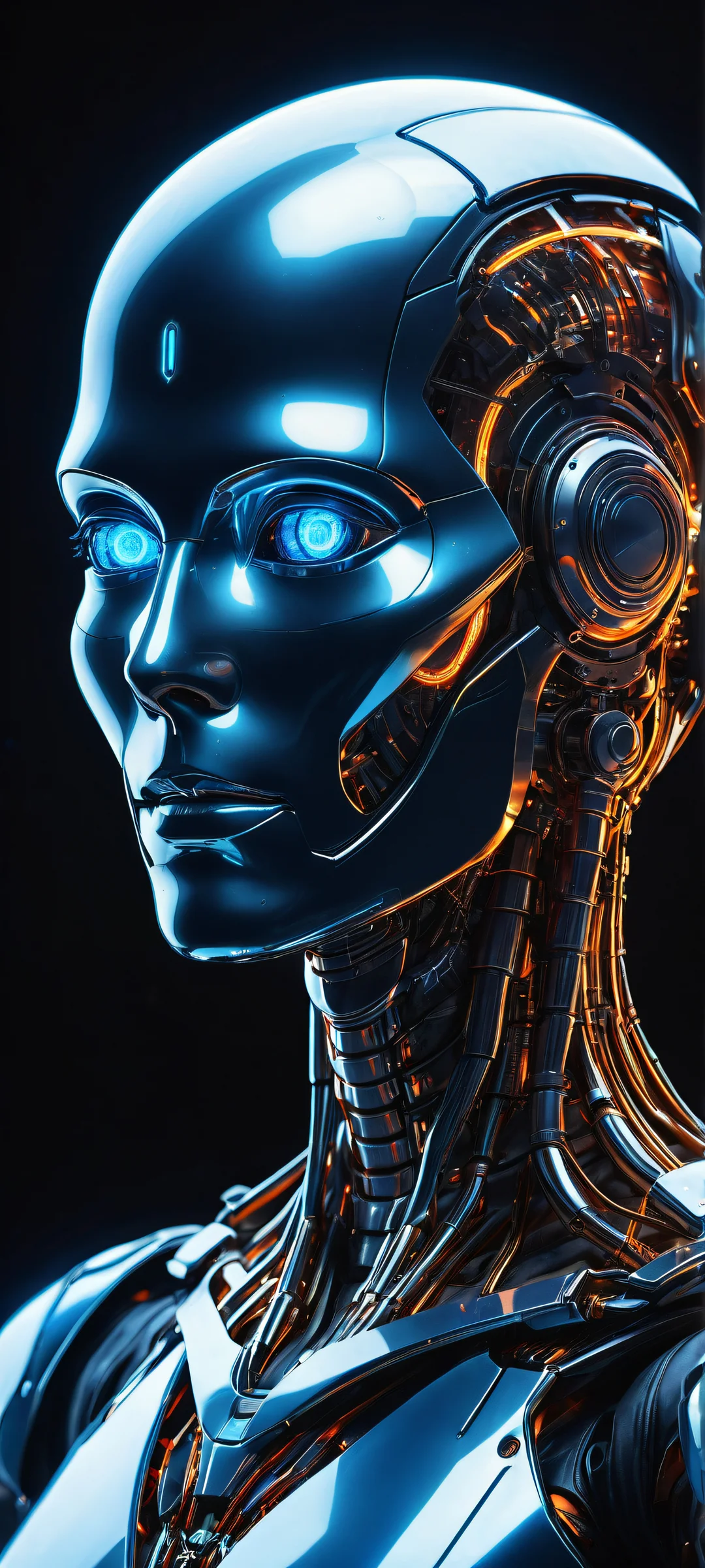 Explore the depths of space with Cosmic Bot's glowing blue eyes and intricate circuitry on iPhone/Android home screens.