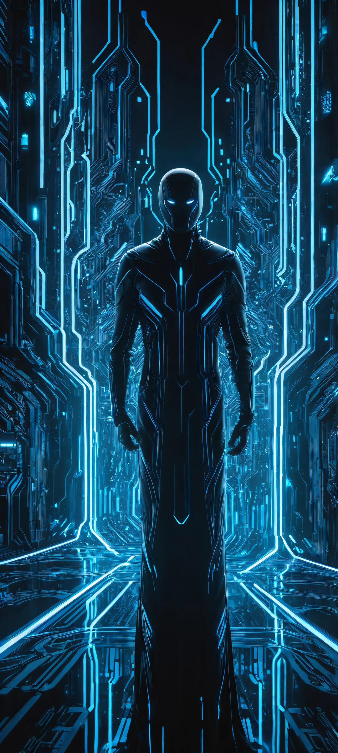 iPhone and Android users will love this breathtaking vertical portrait artwork of glowing circuitry and pulsing wires, surrounded by a soft blue glow.