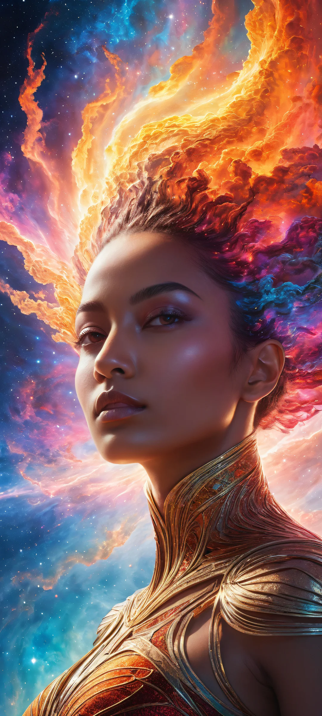 Ethereal portrait of a celestial entity amidst swirling nebula clouds on iPhone/Android