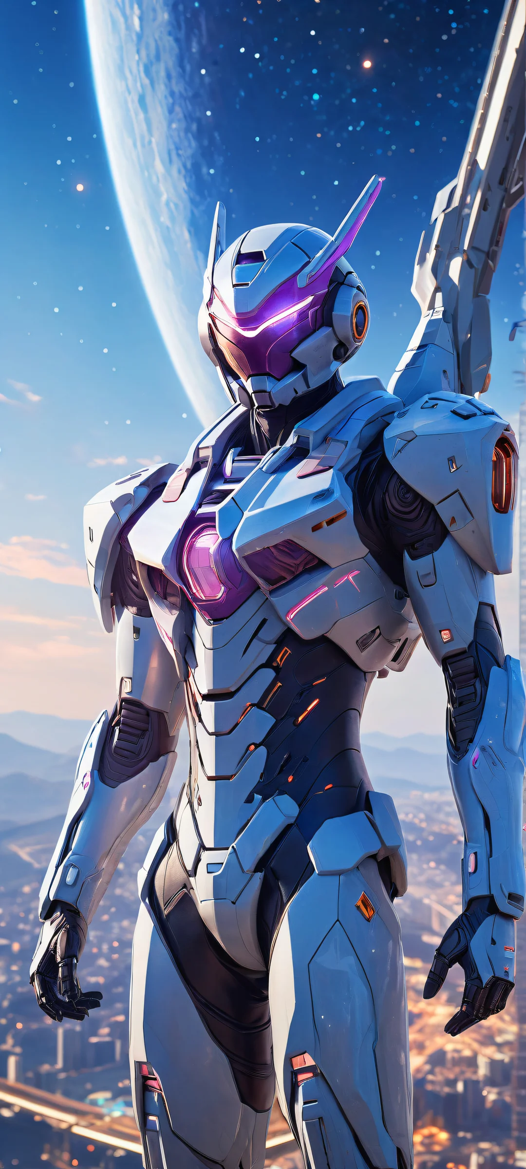 iPhone/Android wallpaper featuring Hachirouta Hoshino and anime-inspired mecha suits against a stunning galactic background.