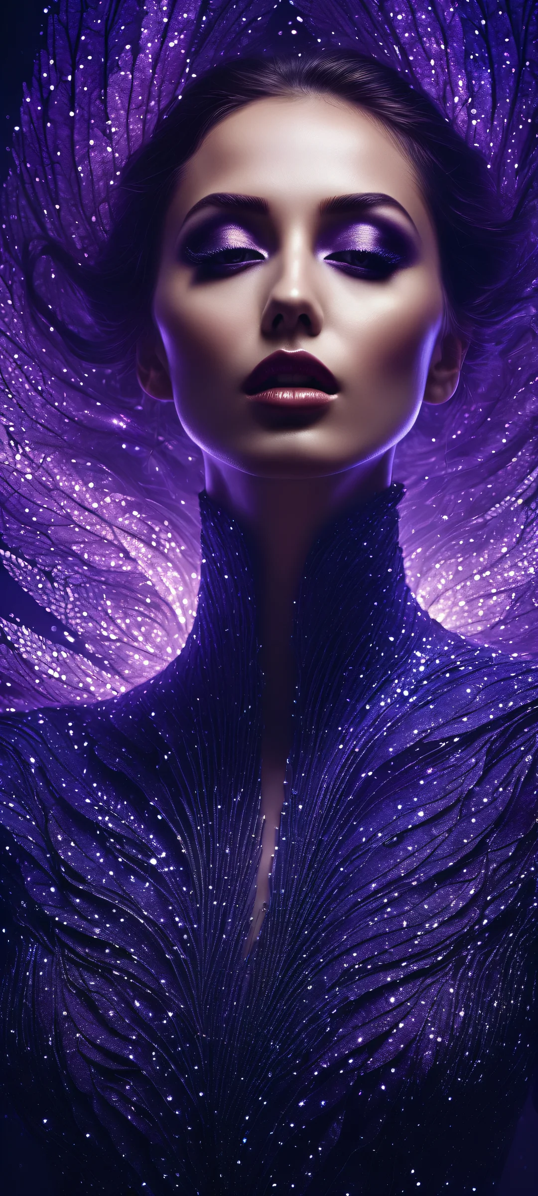 A breathtaking digital art of a lone woman amidst swirling light particles and deep blues and purples, perfekt für iPhone/Android-Startbildschirme.