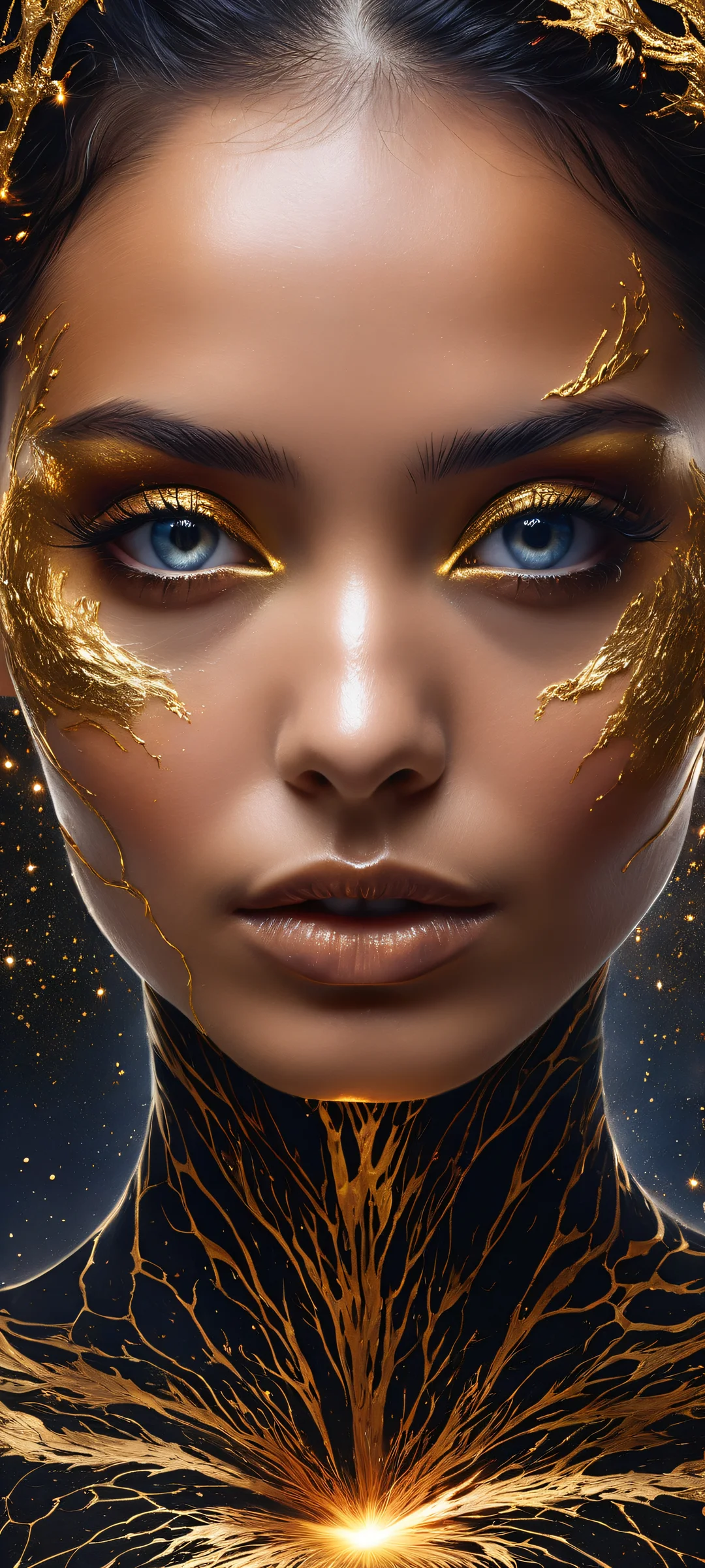 Cosmic Enchantress 2K QHD Mobile Wallpaper A stunning portrait of a woman with obsidian skin, molten gold accents, and eyes reflecting distant galaxies. Perfect for iPhone/Android home screens.