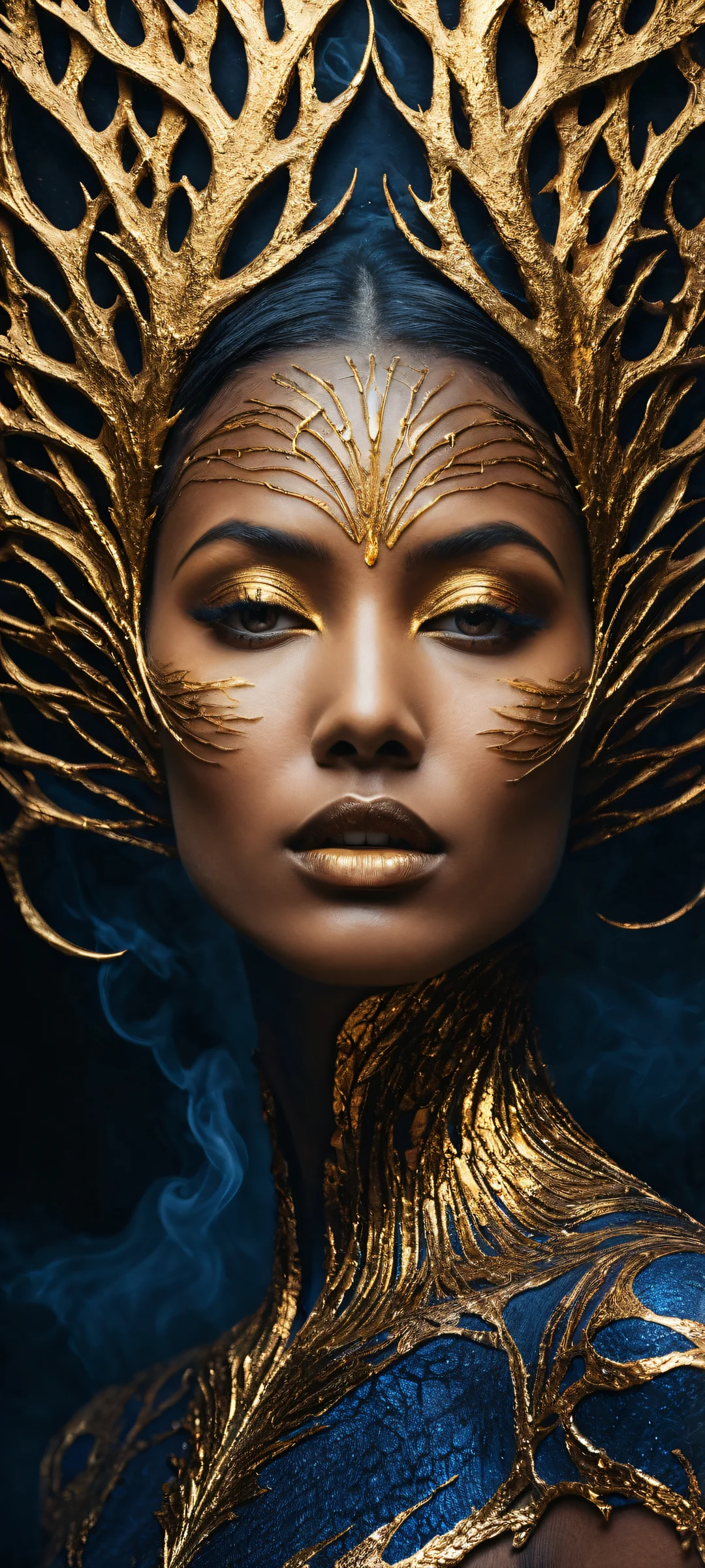 A mesmerizing digital artwork of a woman with polished obsidian skin, glowing gold veins, and eyes reflecting distant galaxies, perfectly optimized for iPhone and Android home screens.