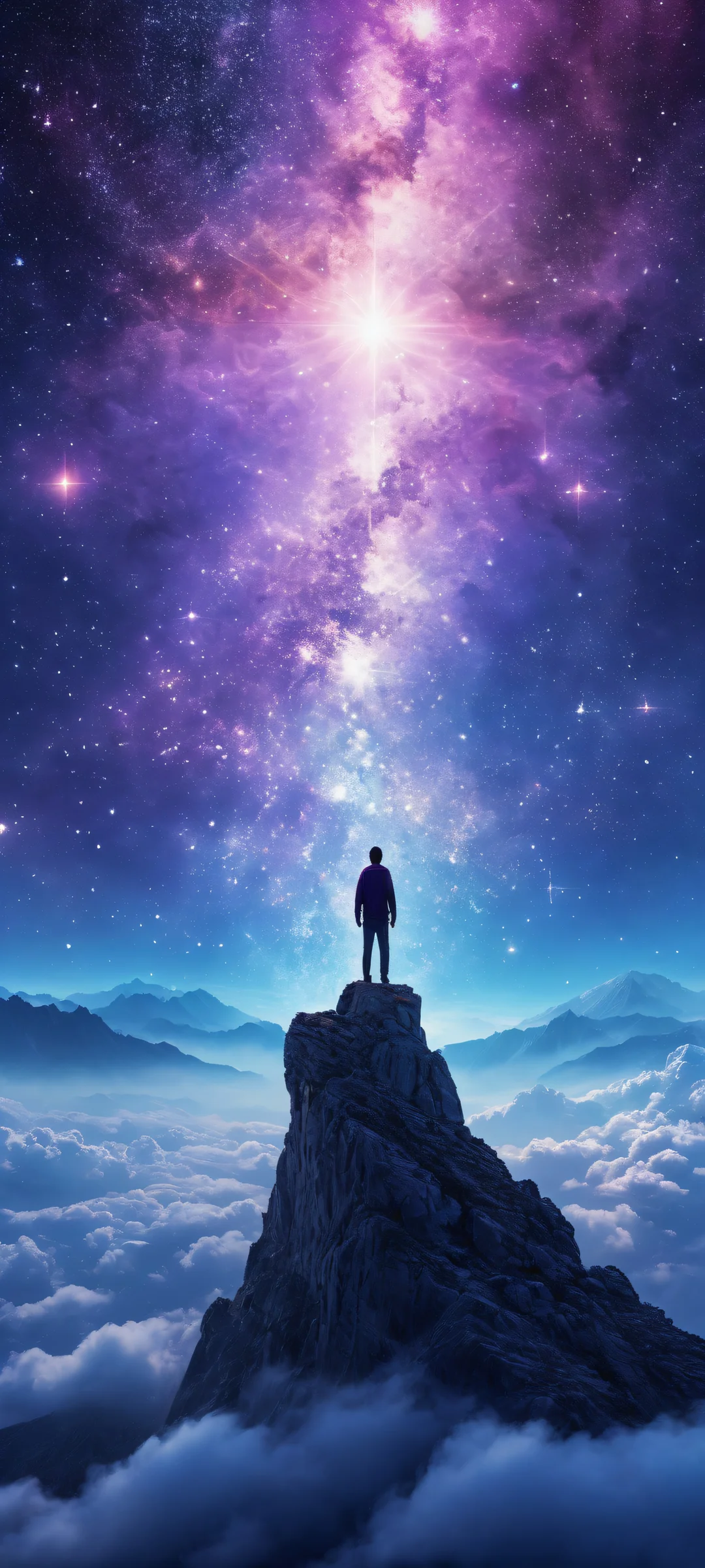 iPhone/Android portrait wallpaper of a celestial being amidst starlight and cosmic dust, evoking mystical wonder and awe.