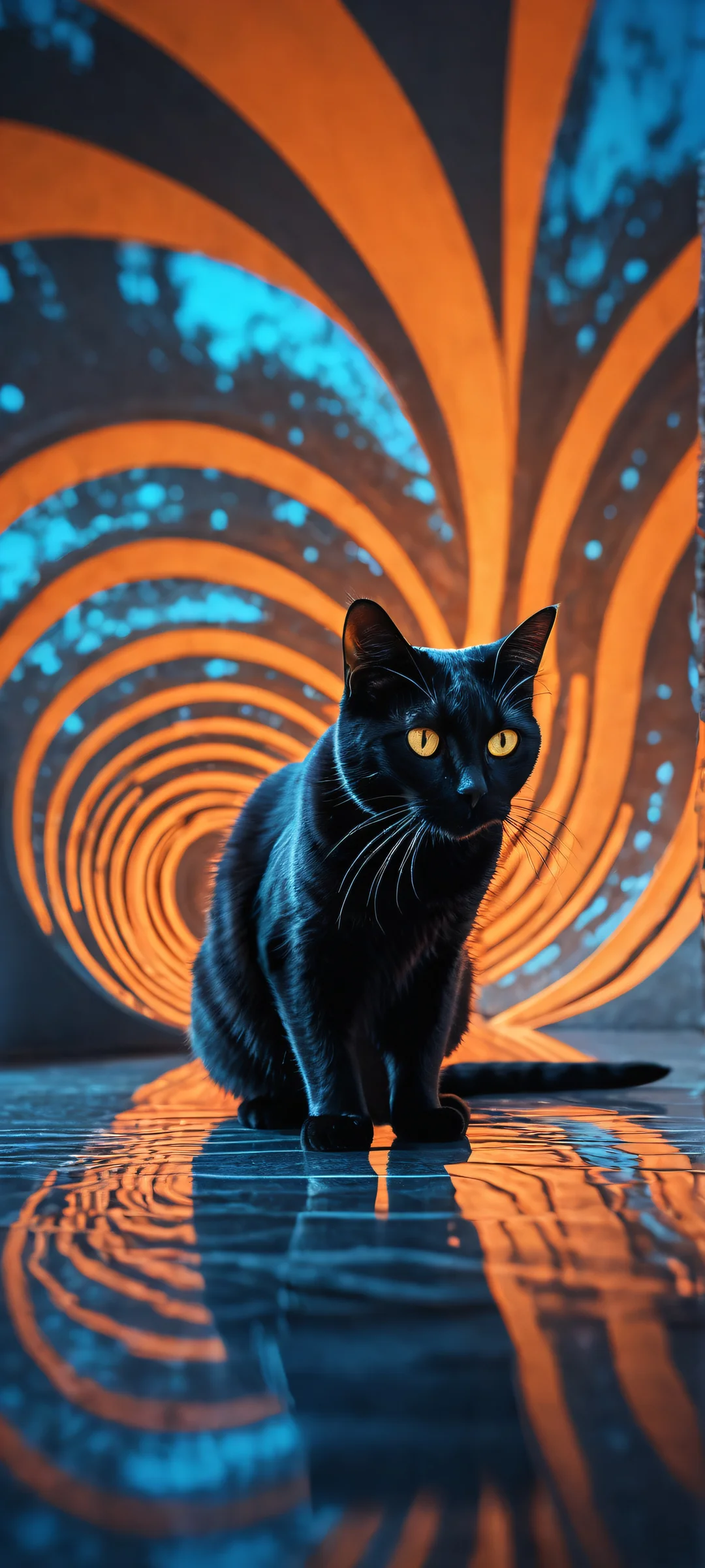 A mesmerizing digital artwork featuring a black hole 'cat' on an iPhone/Android home screen, with intricate micro-details and ethereal lighting.