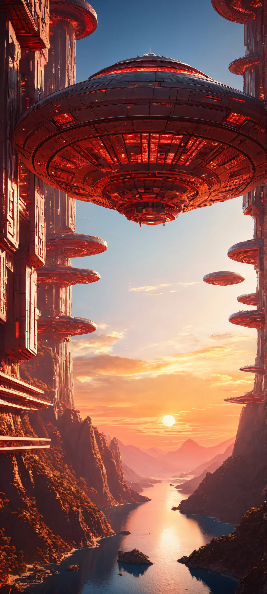 A futuristic spaceship fortress against a stunning red sky backdrop on an iPhone or Android device.