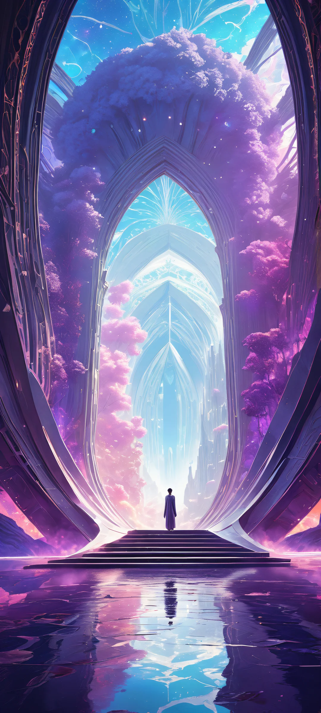 iPhone/Android users, step into the mystical realm with this breathtaking futuristic gateway artwork. Explore the swirling vortex of vibrant colors and intricate micro-details.
