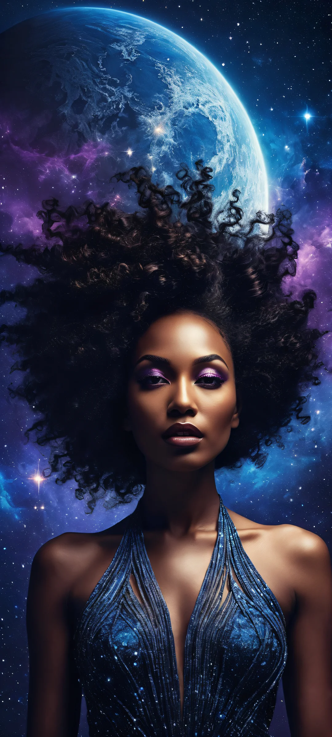 A stunning iPhone/Android wallpaper featuring a lone goddess amidst celestial bodies and galaxies.