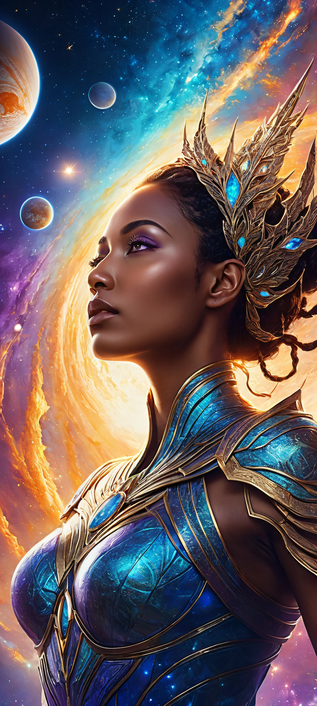 iPhone and Android users will love this stunning cosmic wallpaper featuring a goddess amidst swirling galaxies and vibrant planets.