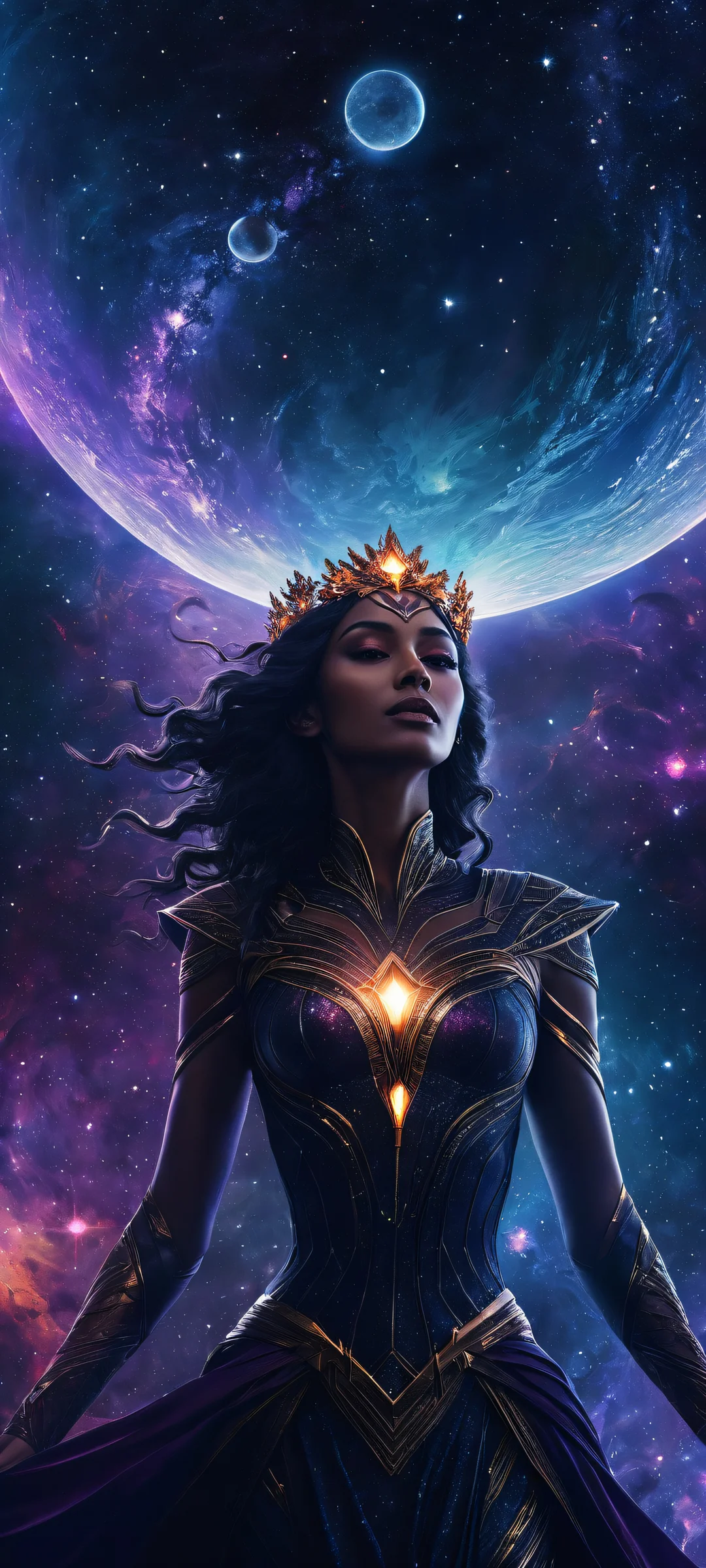 iPhone/Android wallpaper featuring goddesses amidst stunning planetary formations, with intricate micro-details and deep perfect blacks.