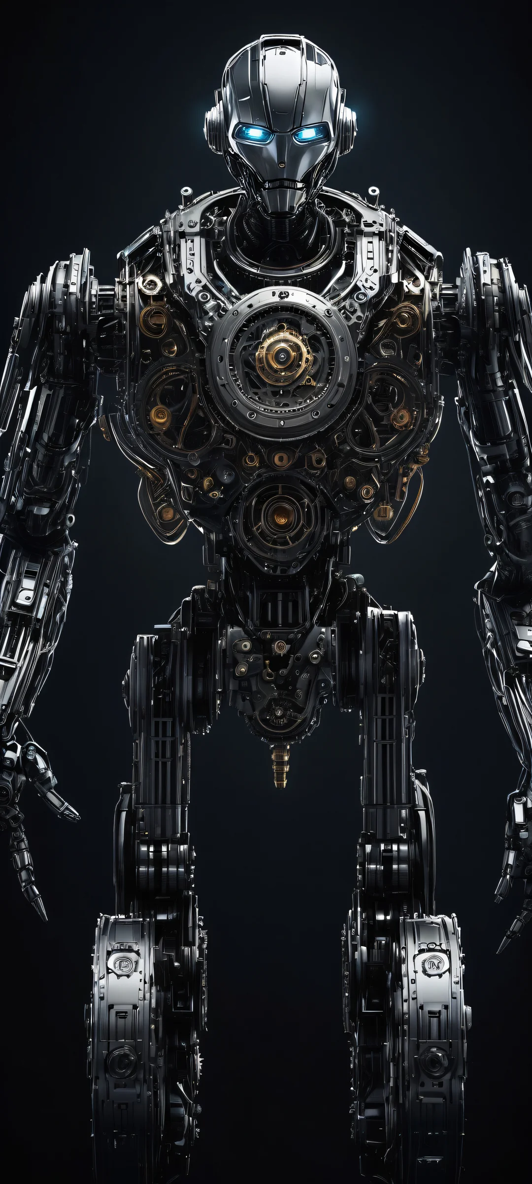 A futuristic robot stands out against a dark metallic surface and pure void, parfaitement optimisé pour les écrans d'accueil iPhone/Android.