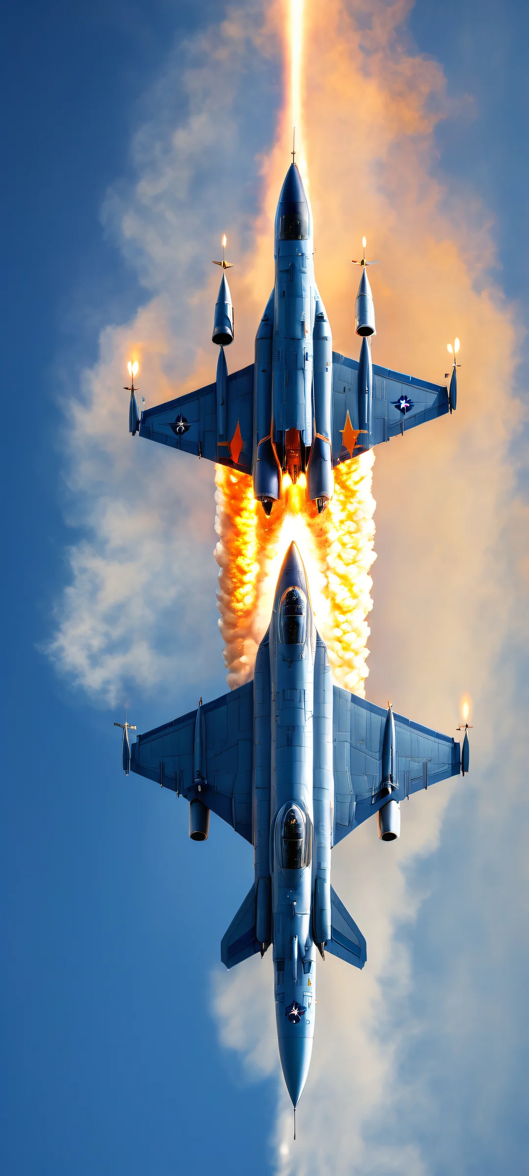iPhone/Android portrait wallpaper of a giant jet fighter with stunning afterburner flames and metal textures against a dark blue sky with stars.