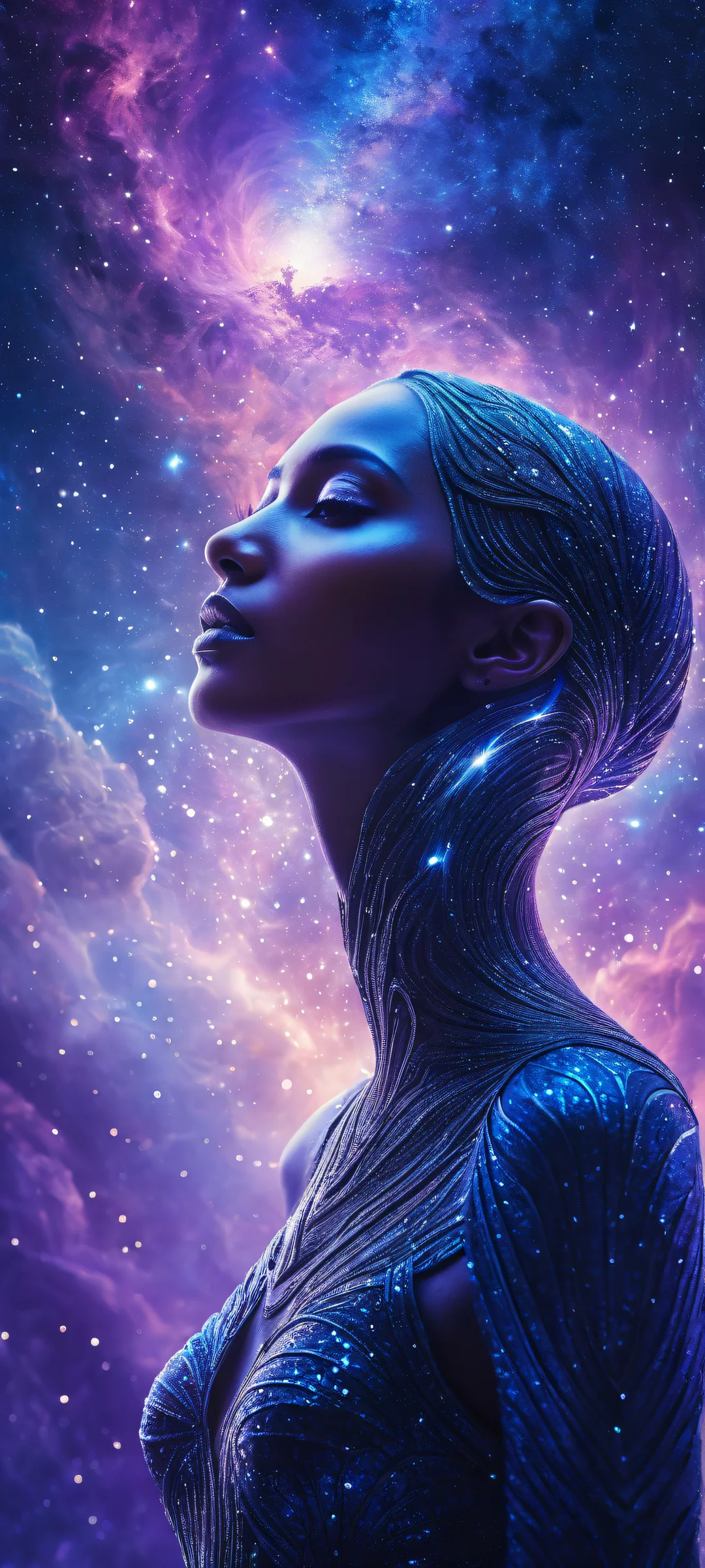 A celestial being amidst swirling starlight and cosmic dust on a pristine void background for iPhone/Android