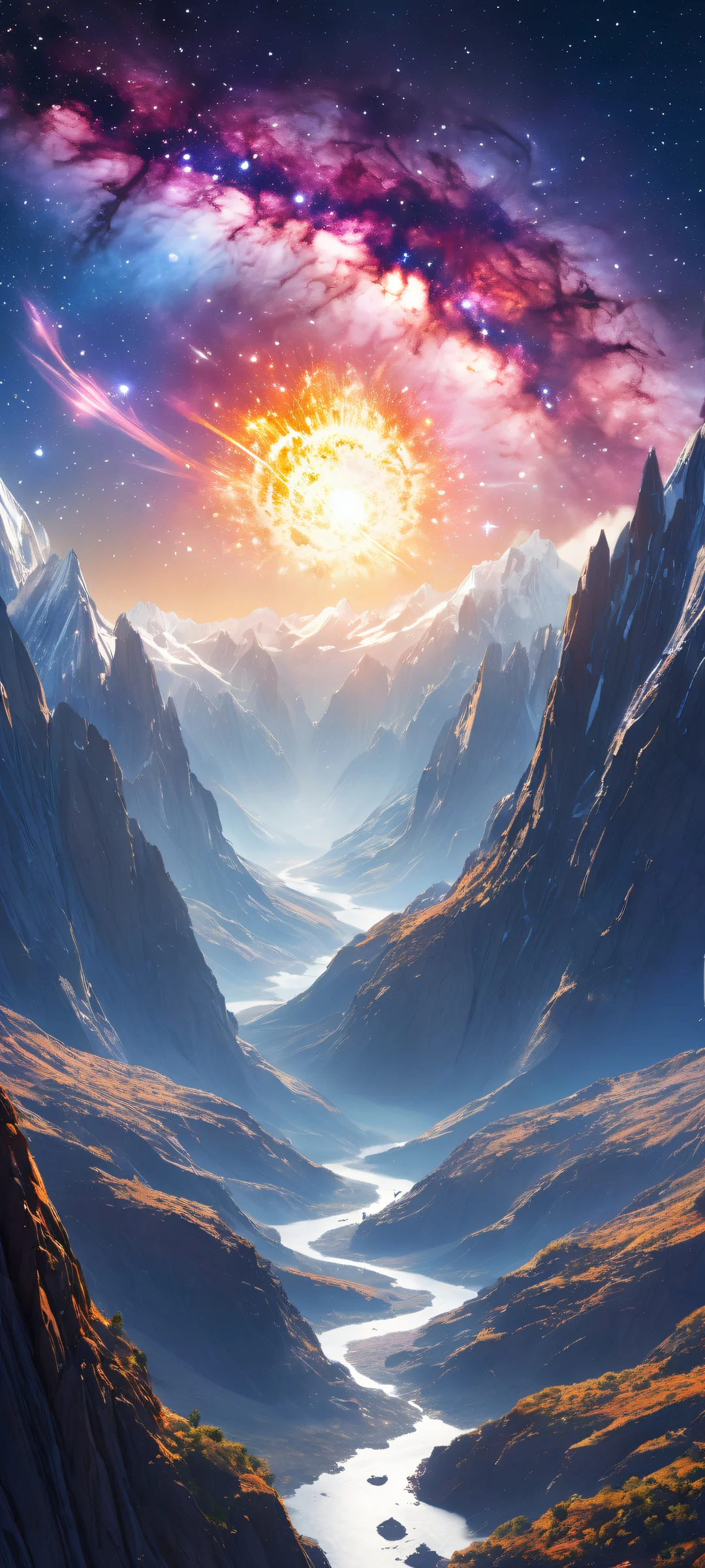 Cosmic Horizon 2K Phone Wallpaper Ethereal cosmic landscapes on iPhone/Android home screen with intricate starlight and celestial clouds details.
