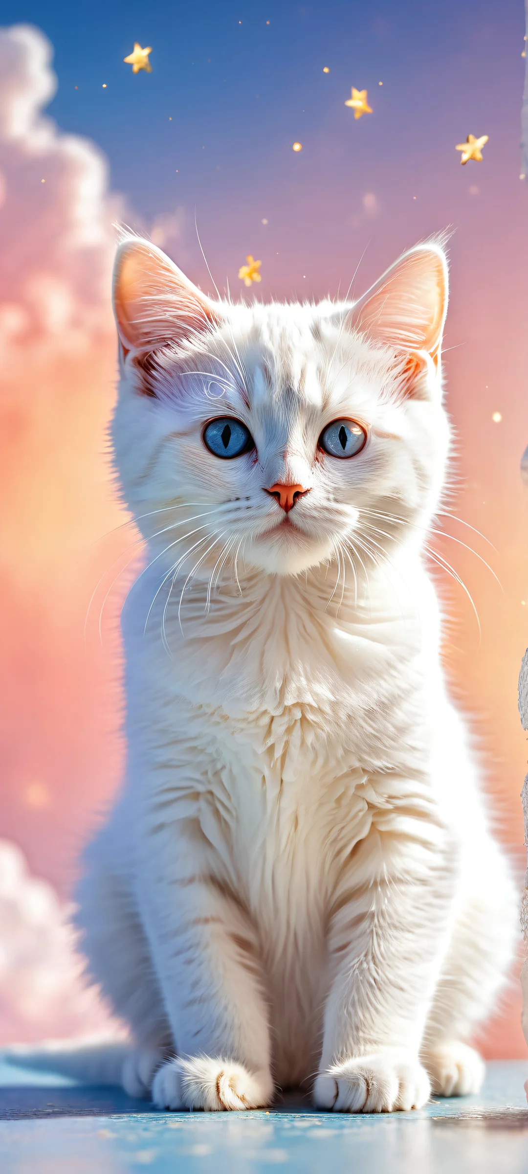 A minimalist kitten outline surrounded by dreamy bokeh paints, crescent moon, white clouds, and gold dusted shooting stars on a vast pure void, perfectly optimized for iPhone/Android home screens.