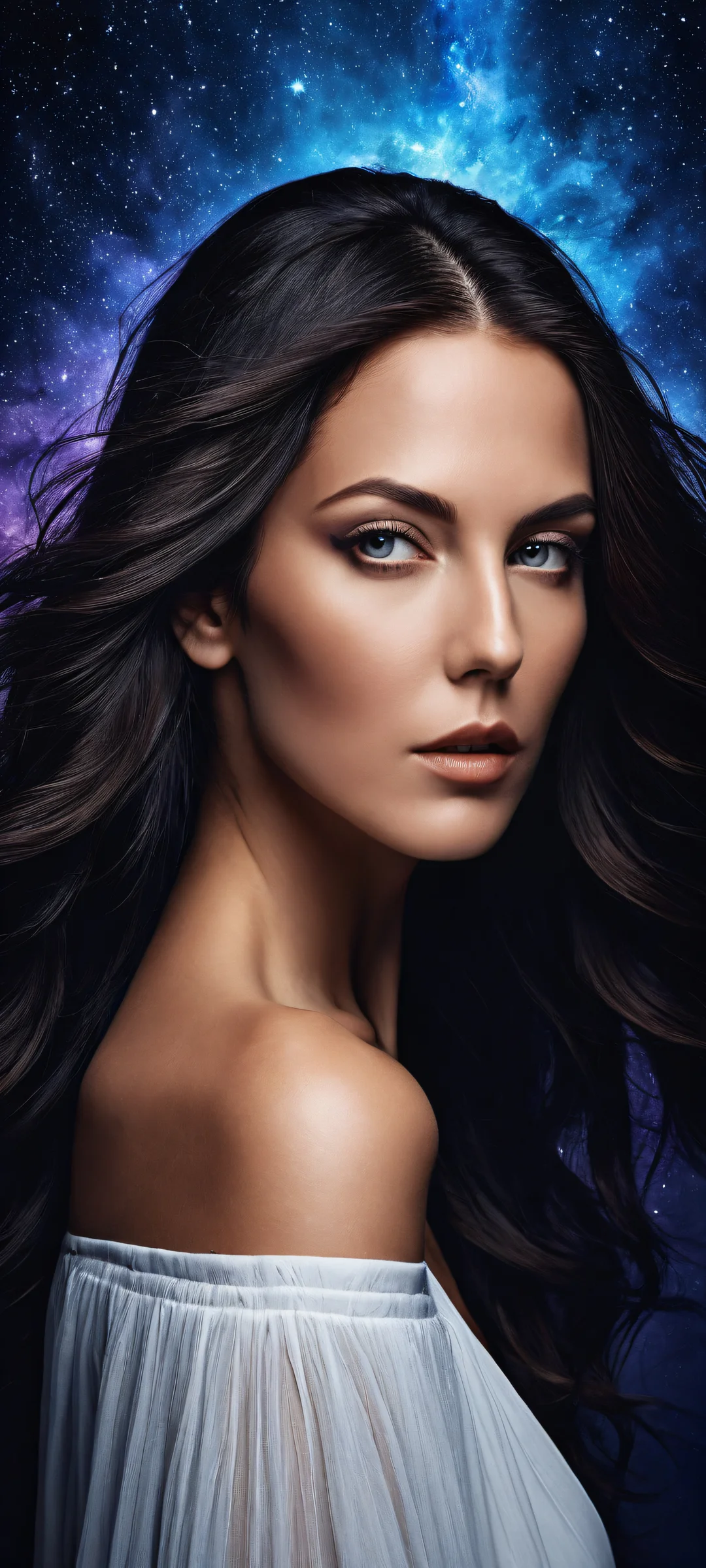 Beautiful vertical portrait of Christina Koch with micro-details, surrounded by a vast void on an iPhone/Android home screen.