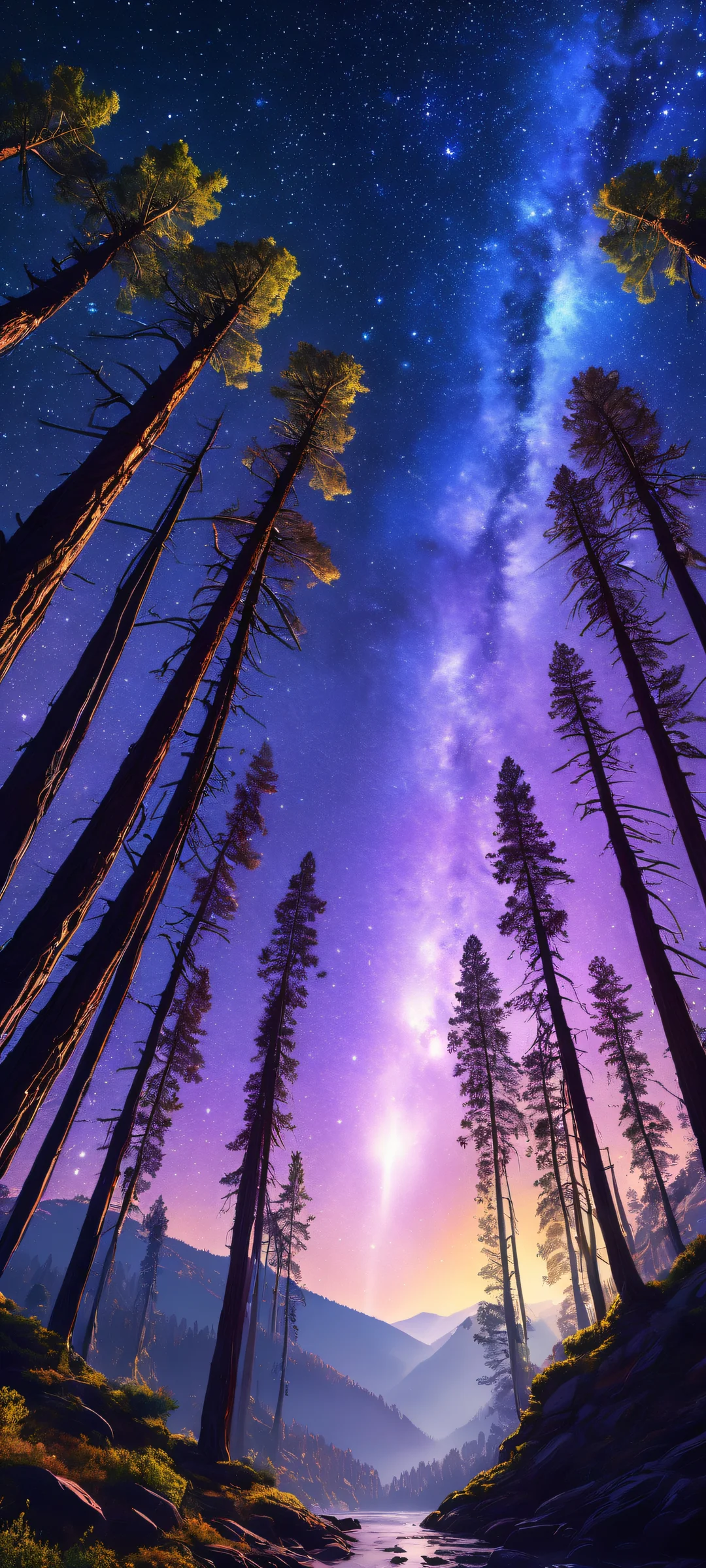 Immerse yourself in this breathtaking iPhone/Android wallpaper featuring a stunning cosmic landscape with towering trees, starry galaxy, and radiant colors.