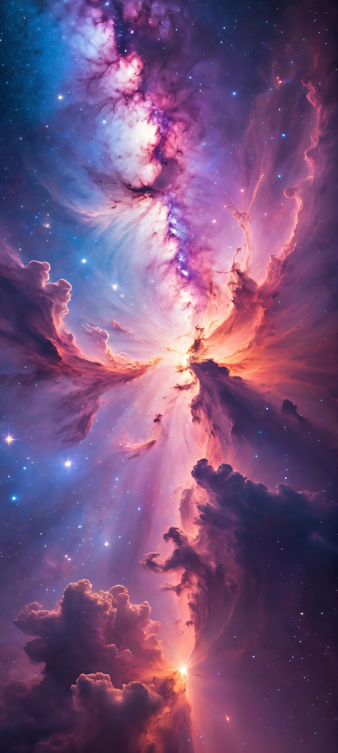 Cosmic Majesty Aesthetic Phone Wallpaper A majestic nebula on a pure void background, perfectly optimized for iPhone and Android devices. Radiates an otherworldly glow with intricate micro-details.