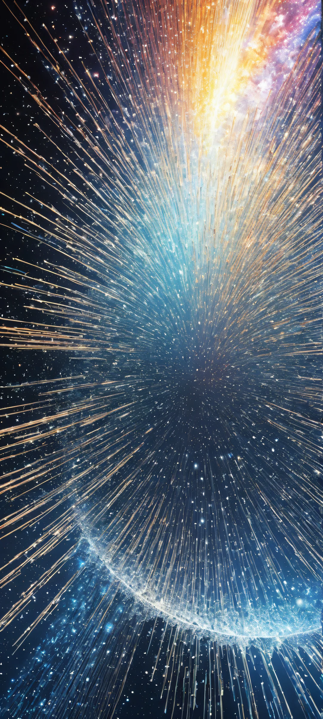 iPhone/Android users will be mesmerized by this stunning portrait of cosmic particles suspended in a vast void of black space, featuring intricate micro-details and ethereal lighting.