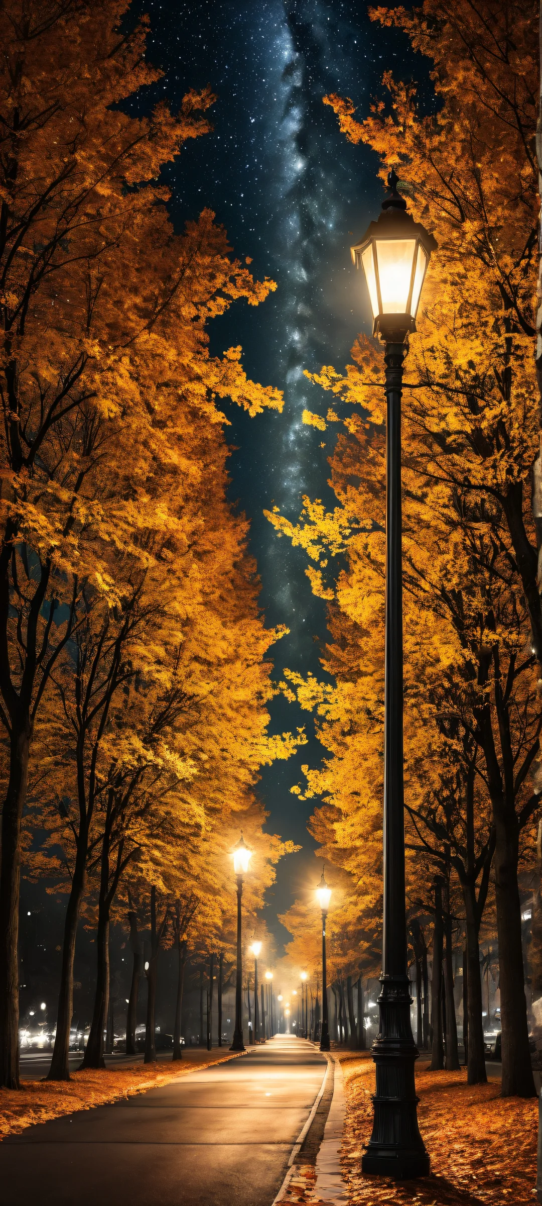 Cosmic Oasis Aesthetic Phone Wallpaper Street light shining bright on a galaxy-filled night sky with intricate tree details for iPhone/Android wallpapers.