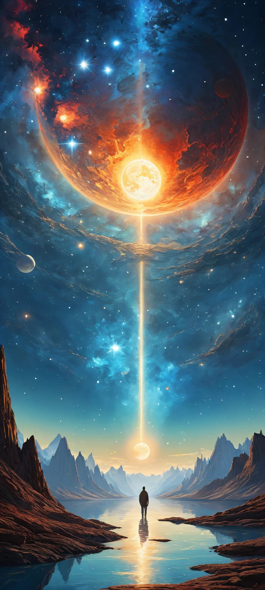 iPhone and Android users will love this stunning digital artwork featuring celestial bodies and planetary formations in the lower-middle, surrounded by a vast pure void. Perfect for setting as a home screen wallpaper.