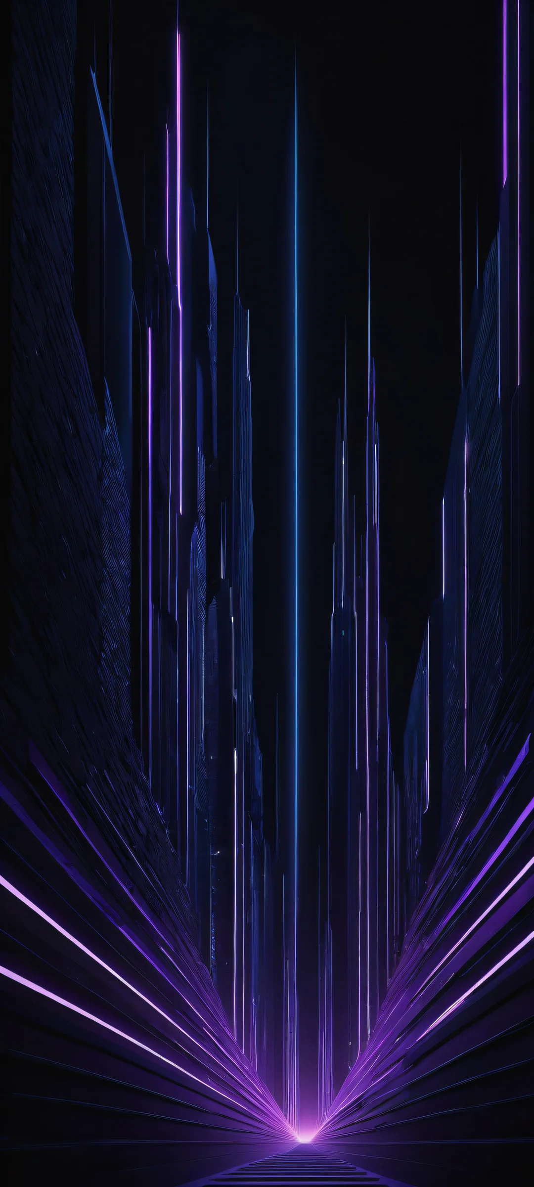A stunning abstract geometric shapes design in dark mode for iPhone and Android, featuring a vast void space background with intricate micro-details
