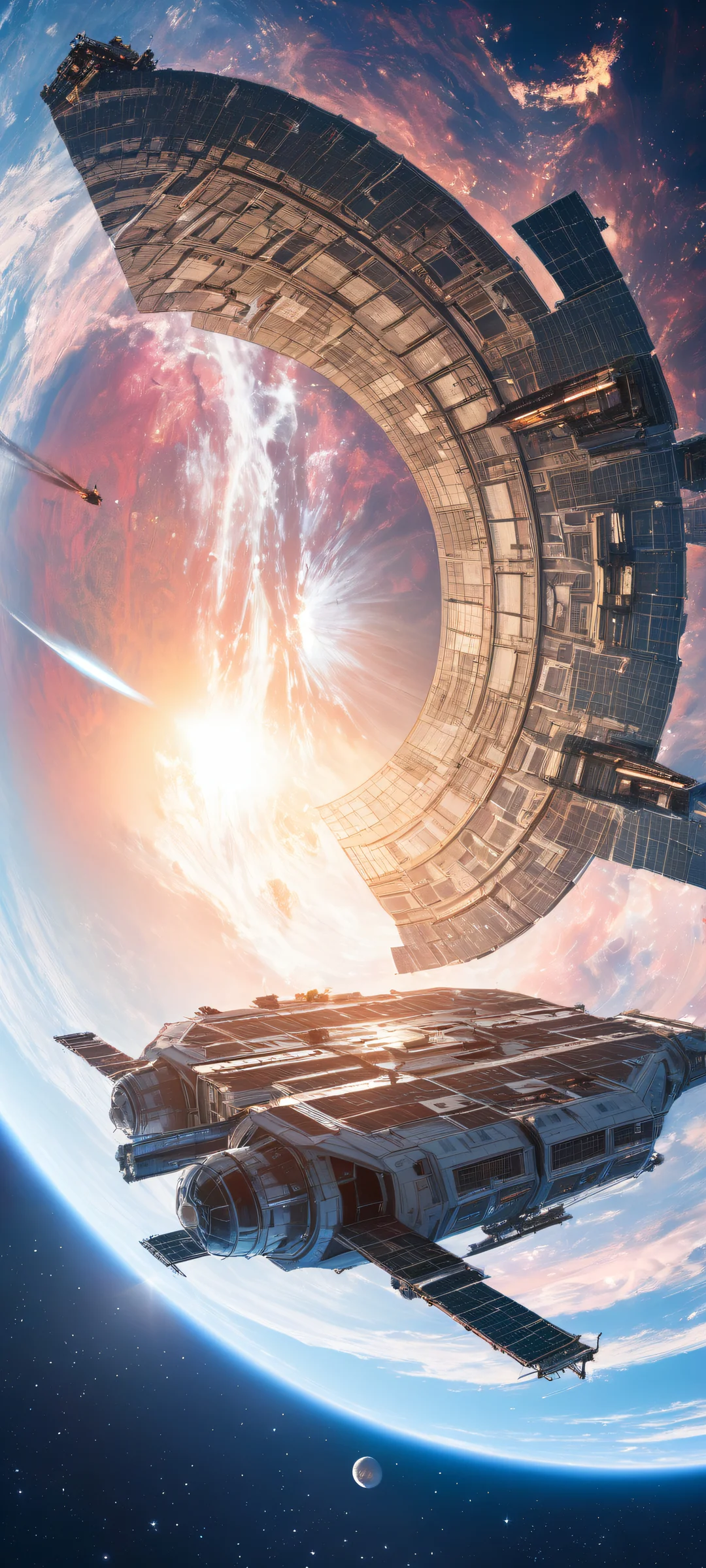 A stunning space station floats in the void, surrounded by a star-filled cosmos on an iPhone/Android home screen.