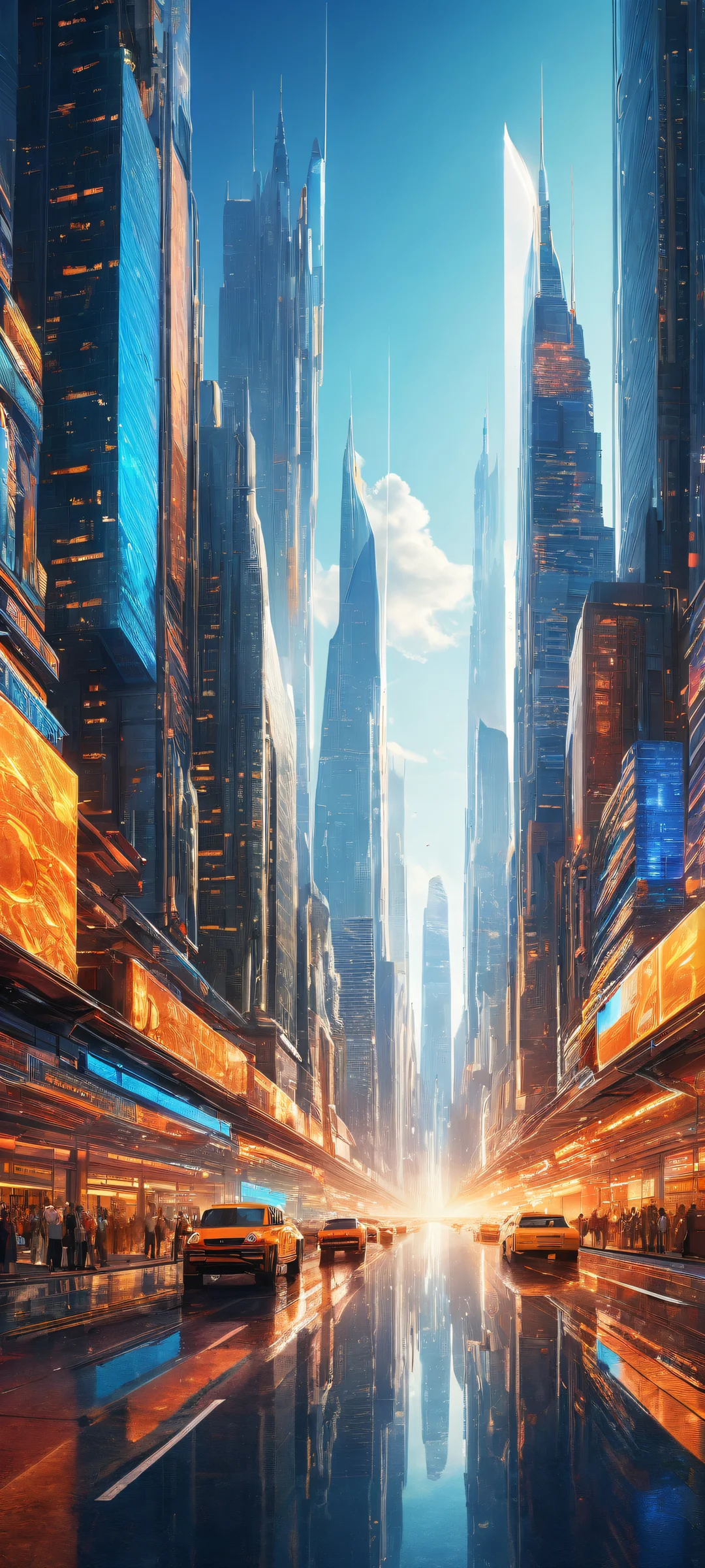 Futuristic cityscape with intricate details on iPhone and Android home screens.