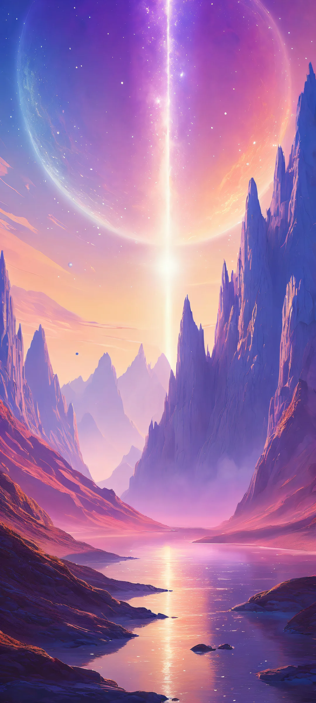 Cosmic Oasis QHD Smartphone Background iPhone/Android users will love this breathtaking vertical portrait artwork of a cosmic landscape with intricate micro-details and radiant colors, perfect for customizing their home screens.