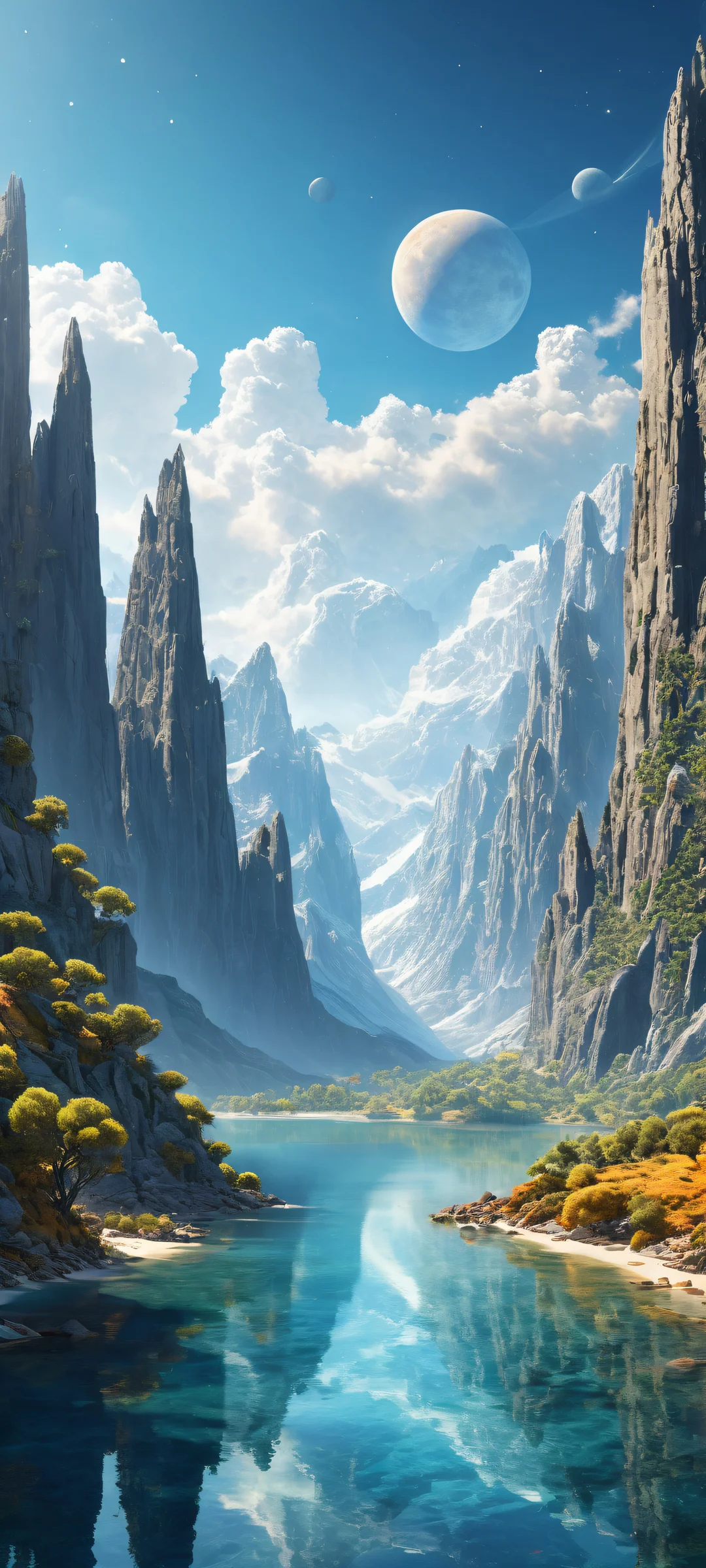 Ethereal landscape artwork featuring celestial bodies and cosmic structures on iPhone/Android home screen. Perfectamente optimizado para iPhone, samsung galaxia, and Android devices.