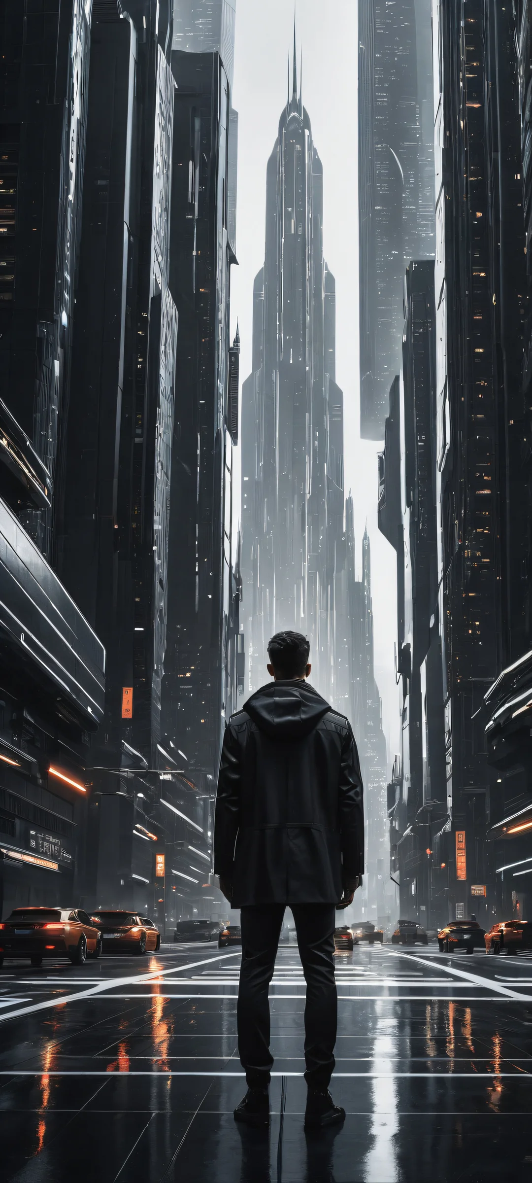 A stunning vertical artwork of a futuristic cityscape on iPhone/Android, with sleek dark mode aesthetic and luminescent accents.