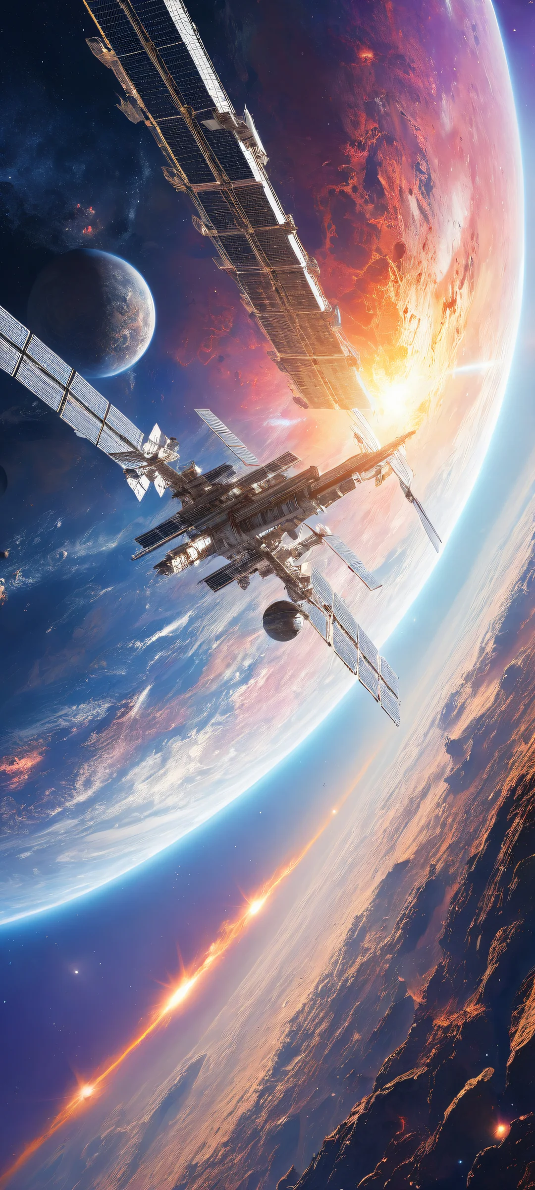 Mesmerizing space station with stars, planets, and galaxies on a clean background for iPhone/Android wallpapers.