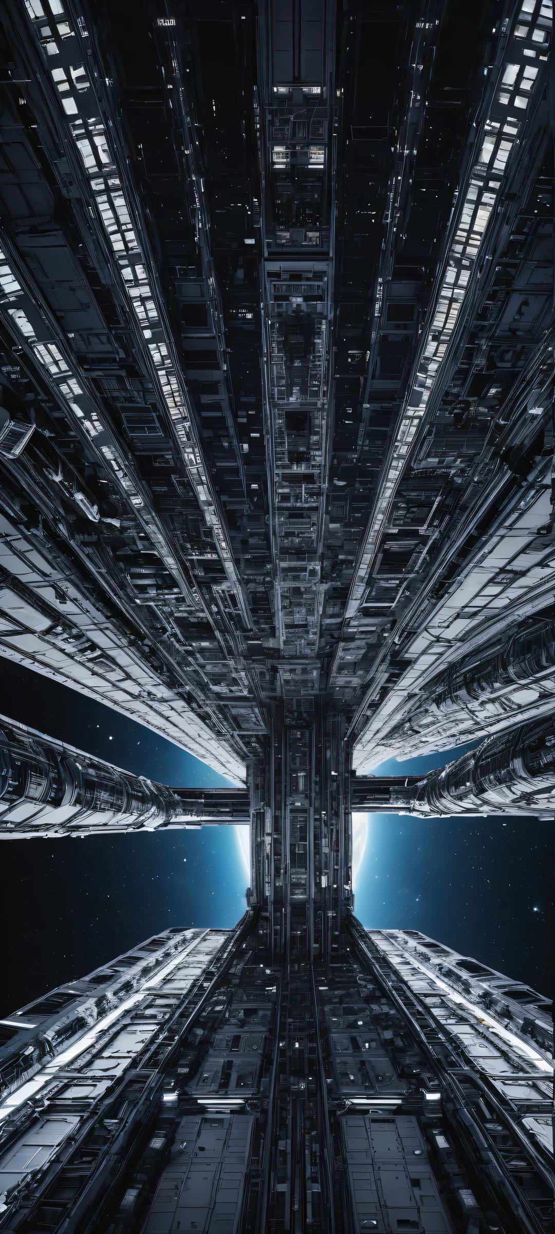 Explore the wonders of space on your iPhone or Android device. This stunning vertical portrait artwork features an intricate space station with micro-details, set against a star-filled expanse.
