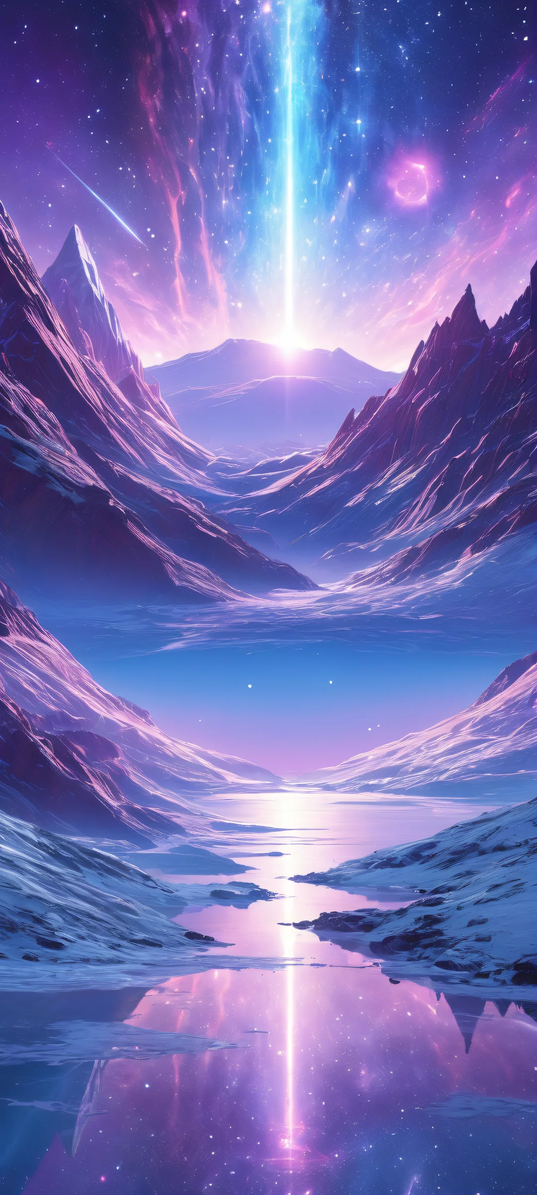 A stunning vertical portrait artwork of a cosmic landscape for iPhone/Android, featuring intricate micro-details and ethereal lighting.