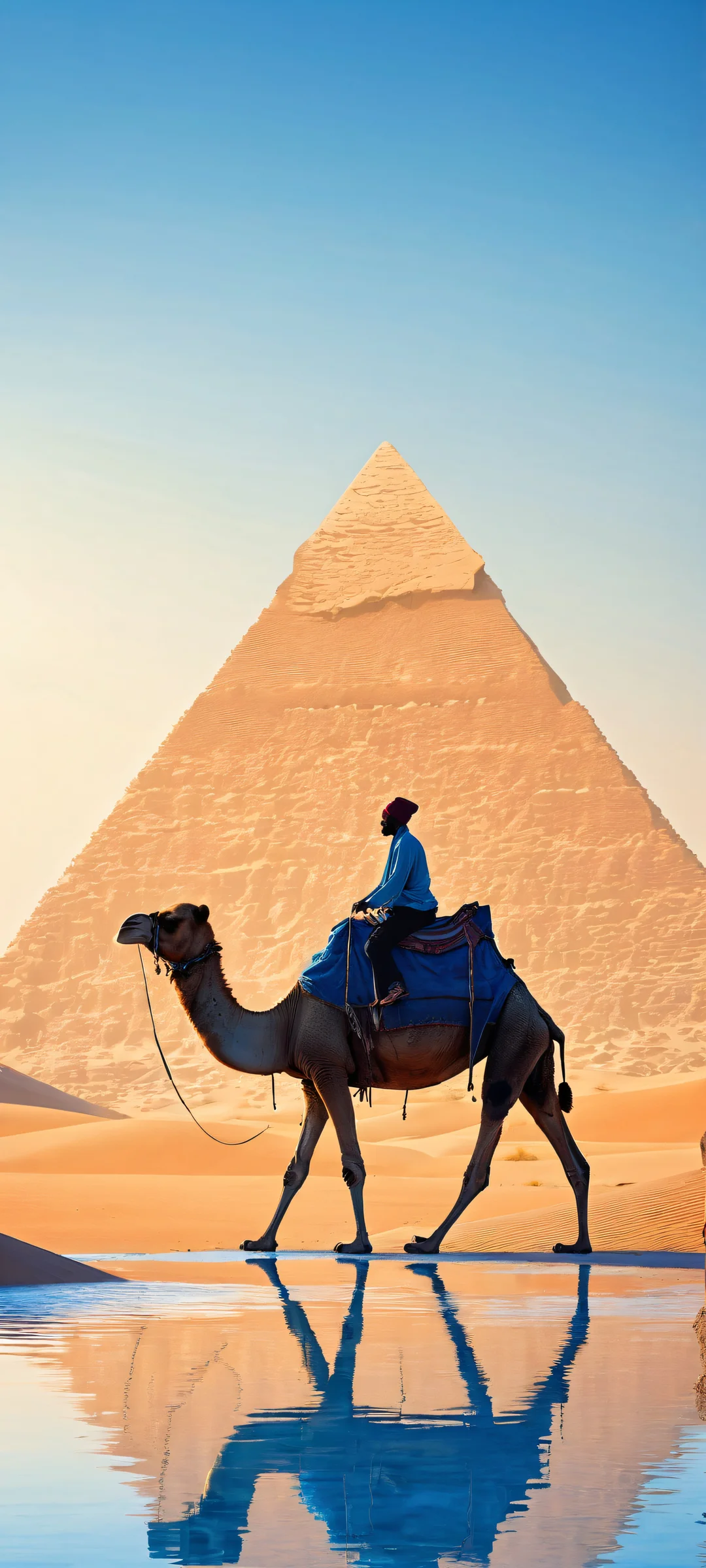 Camel and rider silhouetted against abstract layered blue pyramids on a serene iPhone/Android background.