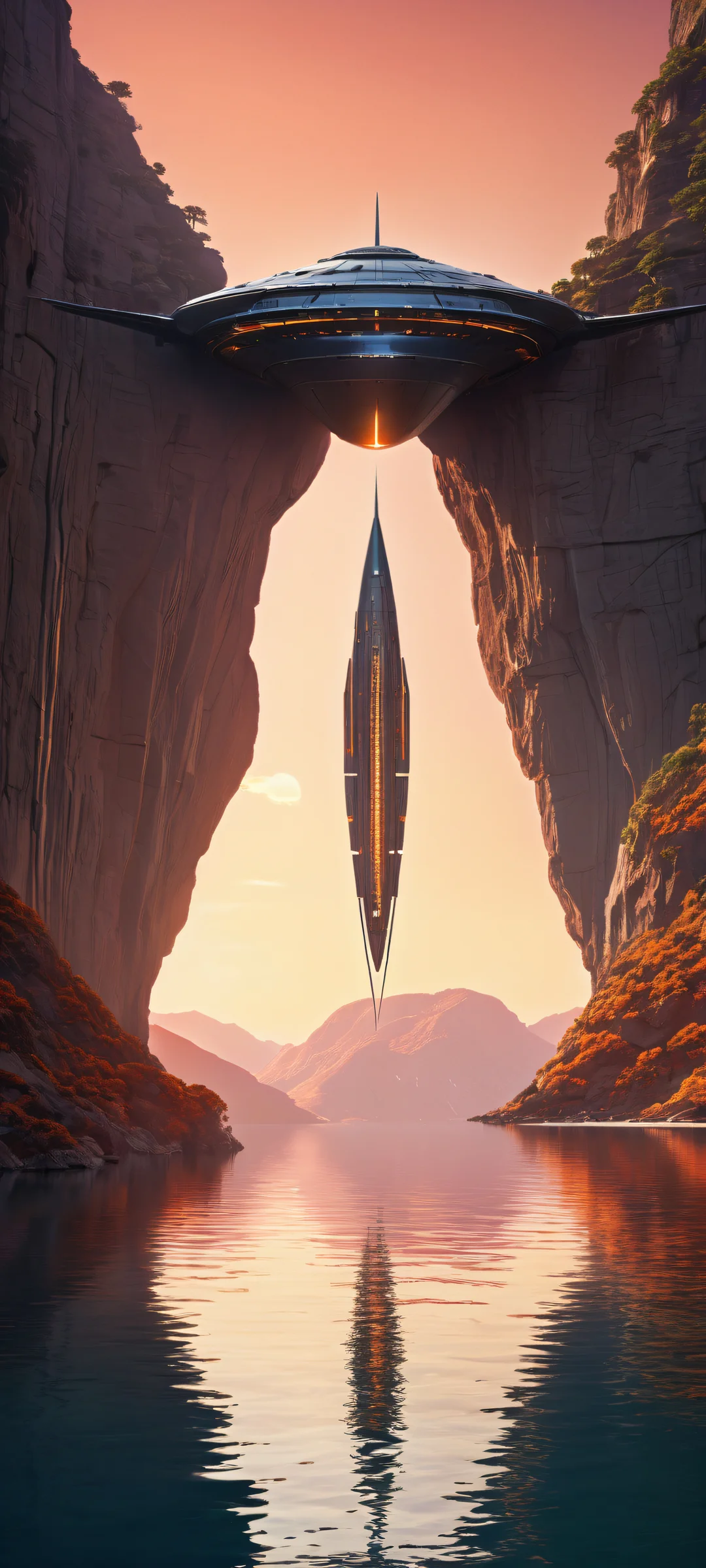 A futuristic spaceship sits atop a distant cliffside, with an ultrawide structure connecting to the sky. Perfectly clean and empty top half transitions into a serene lake at sunset, evoking the breathtaking beauty of a setting sun.